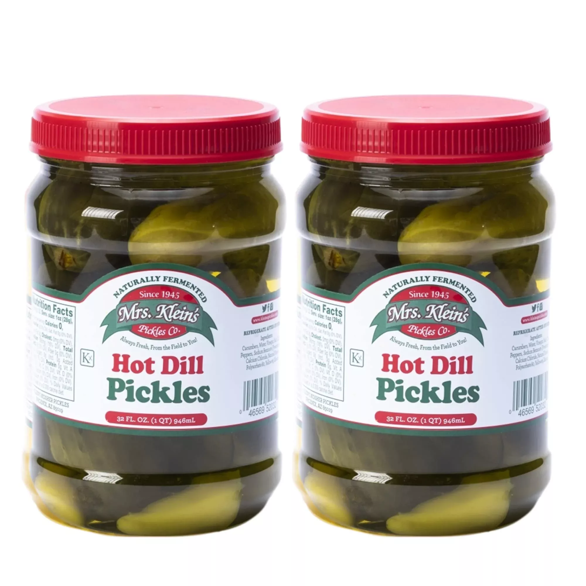 Mrs. Kleins Hot Pickles - Large Spicy Dill Pickles Made With Natural Ingredients - Kosher, Low Carb And Gluten Free - 2 X 32 Fl