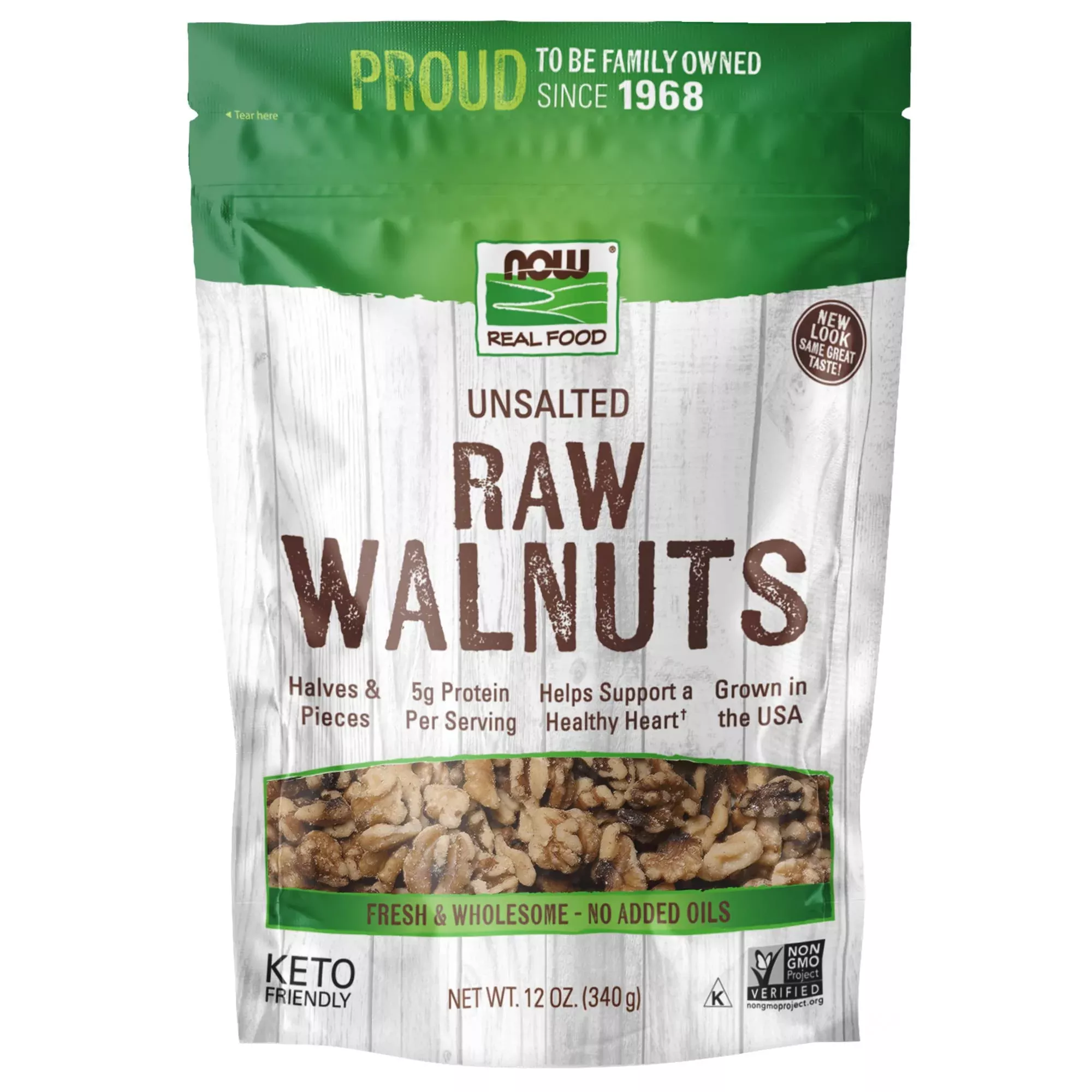 Now Foods, Walnuts, Raw And Unsalted, Halves And Pieces, Natural Source Of Protein And Essential Fatty Acids, Grown In The Usa, Certified Non-Gmo, 12-Ounce (Packaging May Vary)
