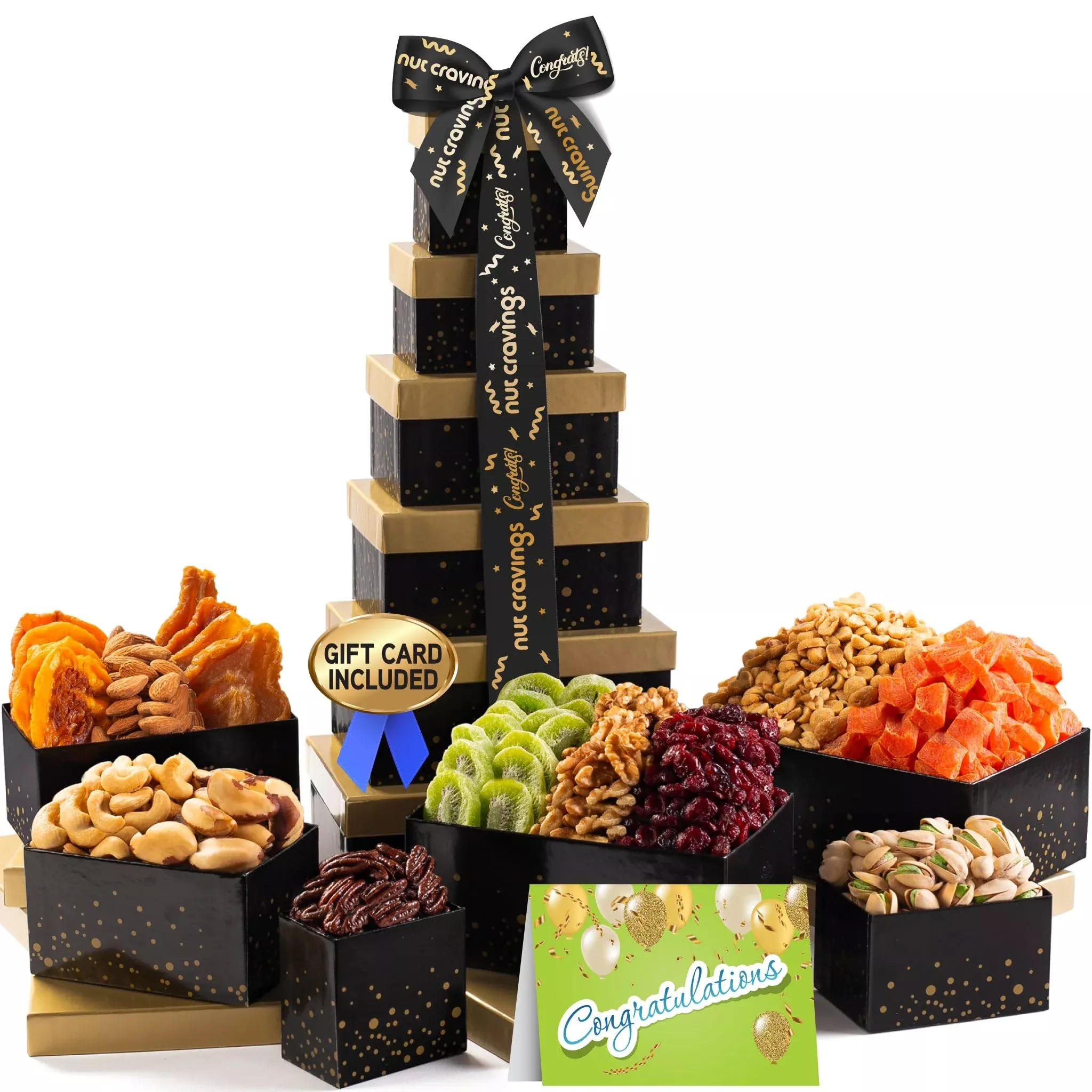 Nut Cravings Gourmet Collection - Congratulations Tower Gift Basket, Nuts & Dried Fruits With Congrats Ribbon + Greeting Card (1