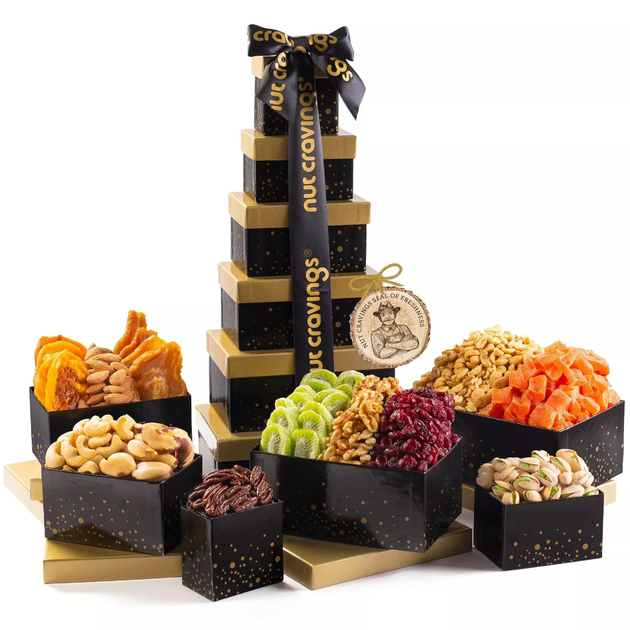Nut Cravings Gourmet Collection - Easter Dried Fruit & Mixed Nuts Gift Basket Black Tower + Ribbon (12 Assortments) Purim Mishlo