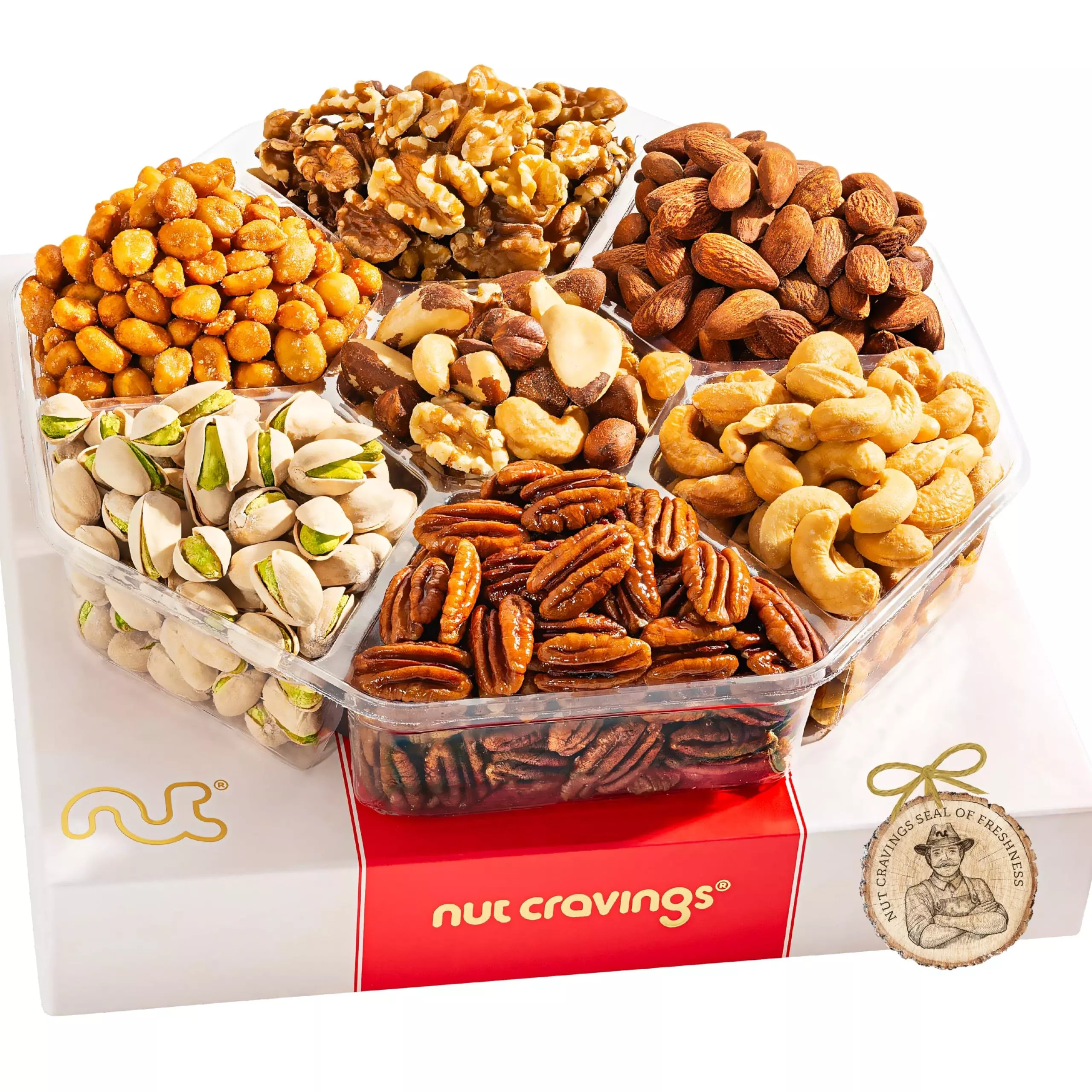 Nut Cravings Gourmet Collection - Fathers Day Mixed Nuts Gift Basket In Red Gold Box (7 Assortments, 2 Lb) Teacher Appreciation