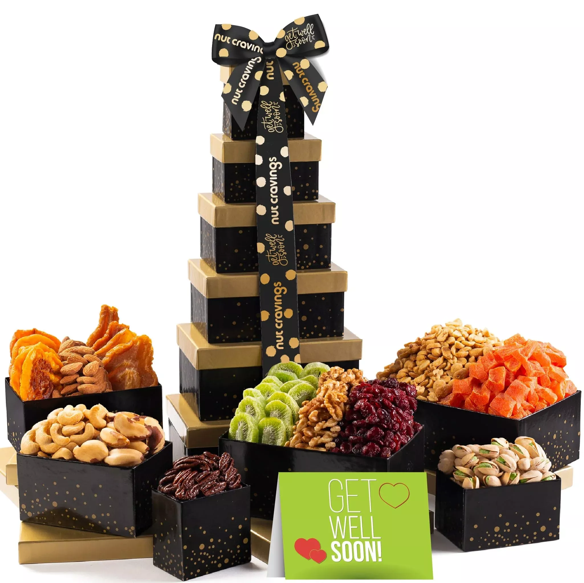 Nut Cravings Gourmet Collection - Get Well Soon Dried Fruit & Nuts Tower Gift Basket With Get Well Soon Ribbon (12 Assortments)