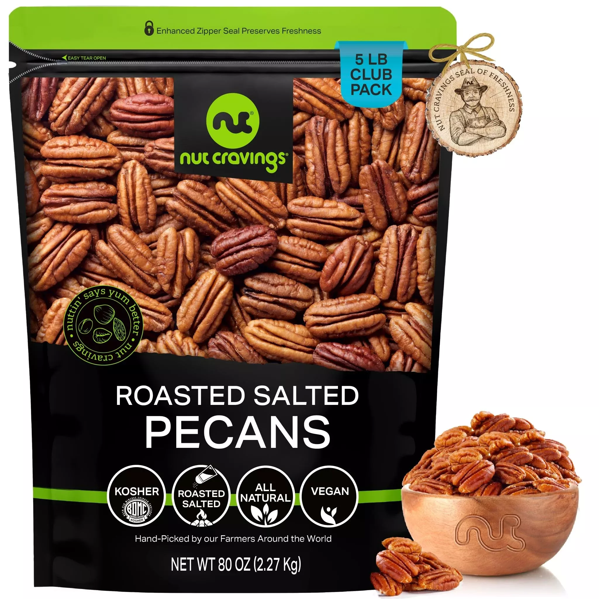 Nut Cravings - Pecans Halves, Roasted & Salted, No Shell (80Oz - 5 Lb) Bulk Nuts Packed Fresh In Resealable Bag - Healthy Protei