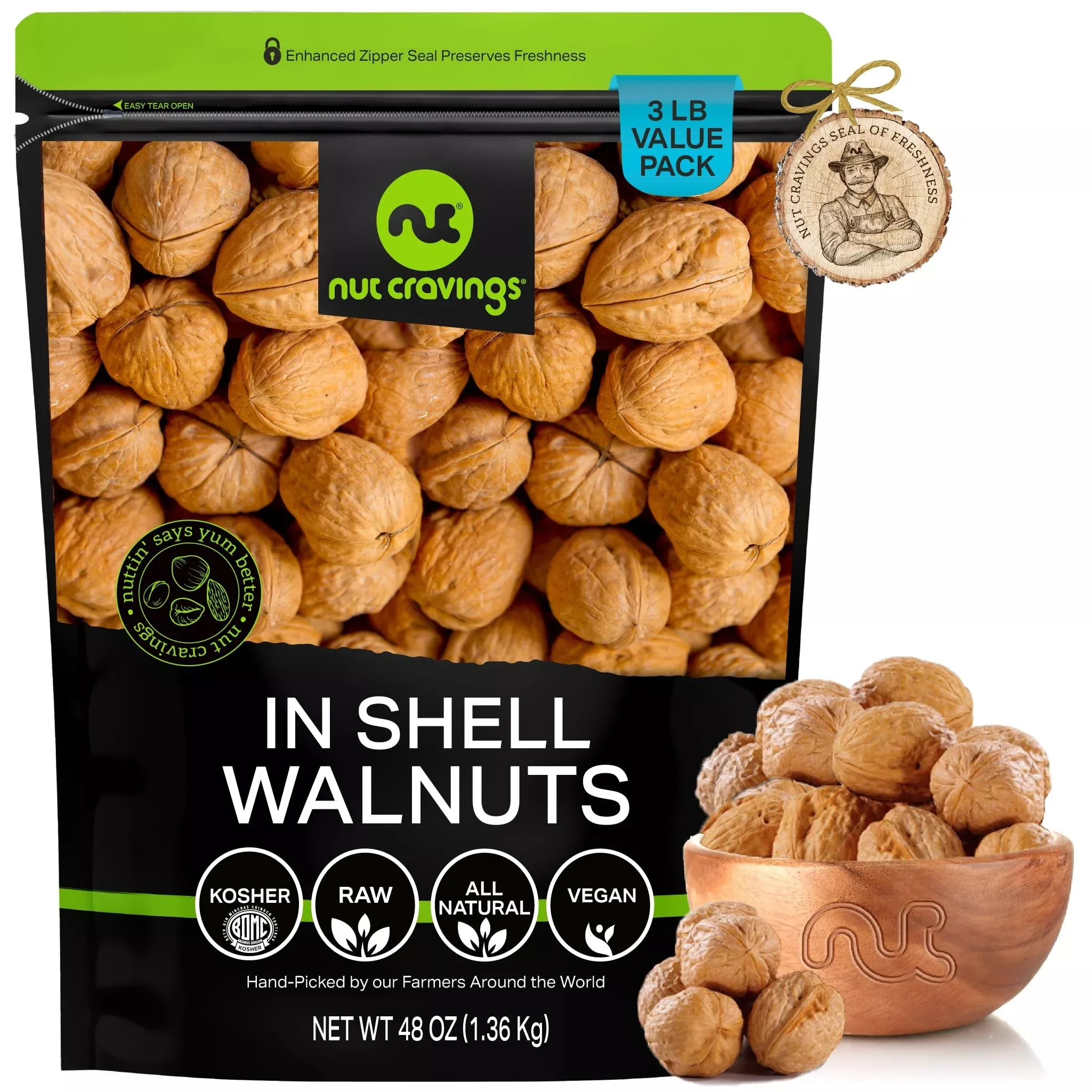 Nut Cravings - Raw Walnuts In Shell, Whole, (48Oz - 3 Lb) Packed Fresh In Resealable Bag - Nut Snack - Healthy Protein Food, All
