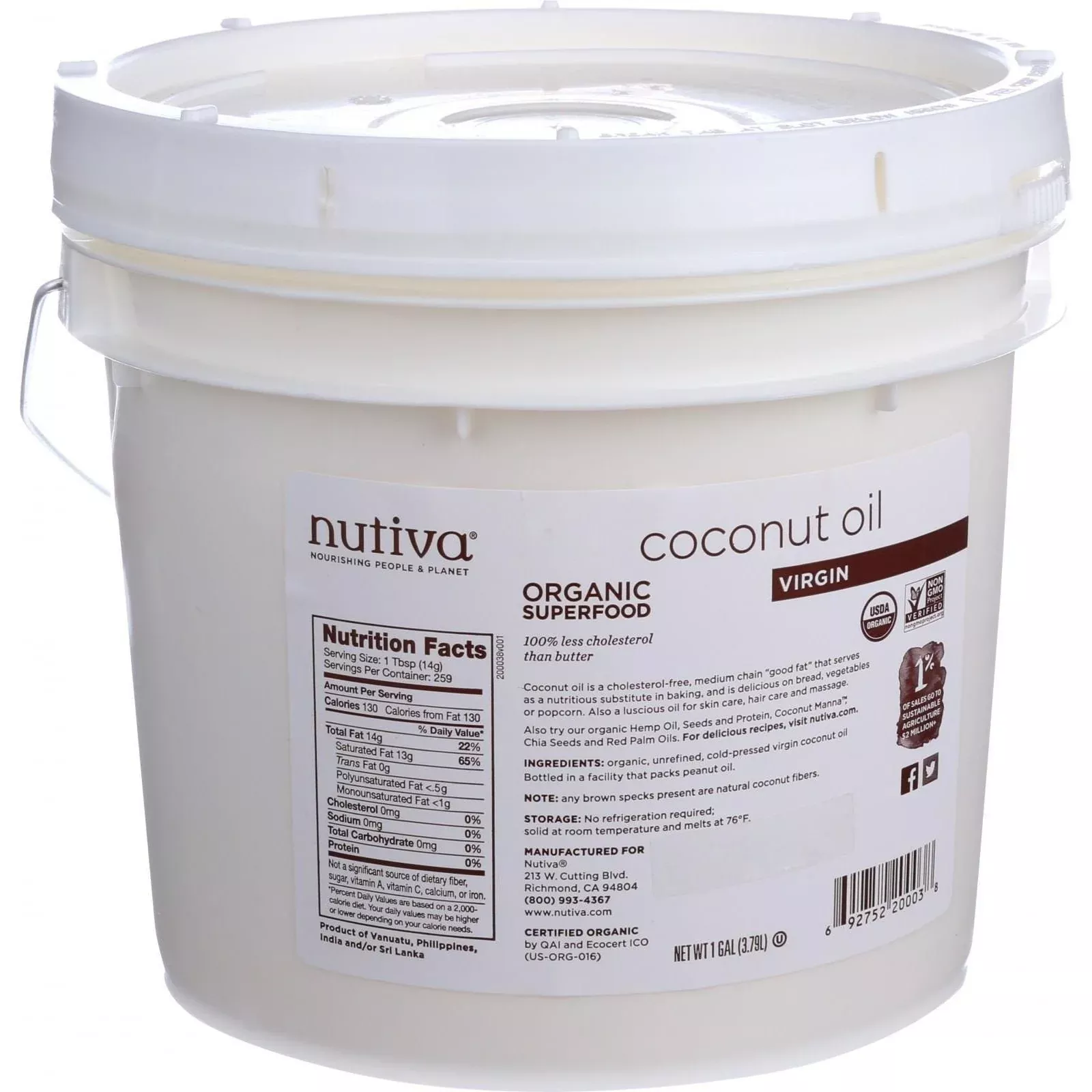 Nutiva Organic, Unrefined, Virgin Coconut Oil, 1-Gallon
