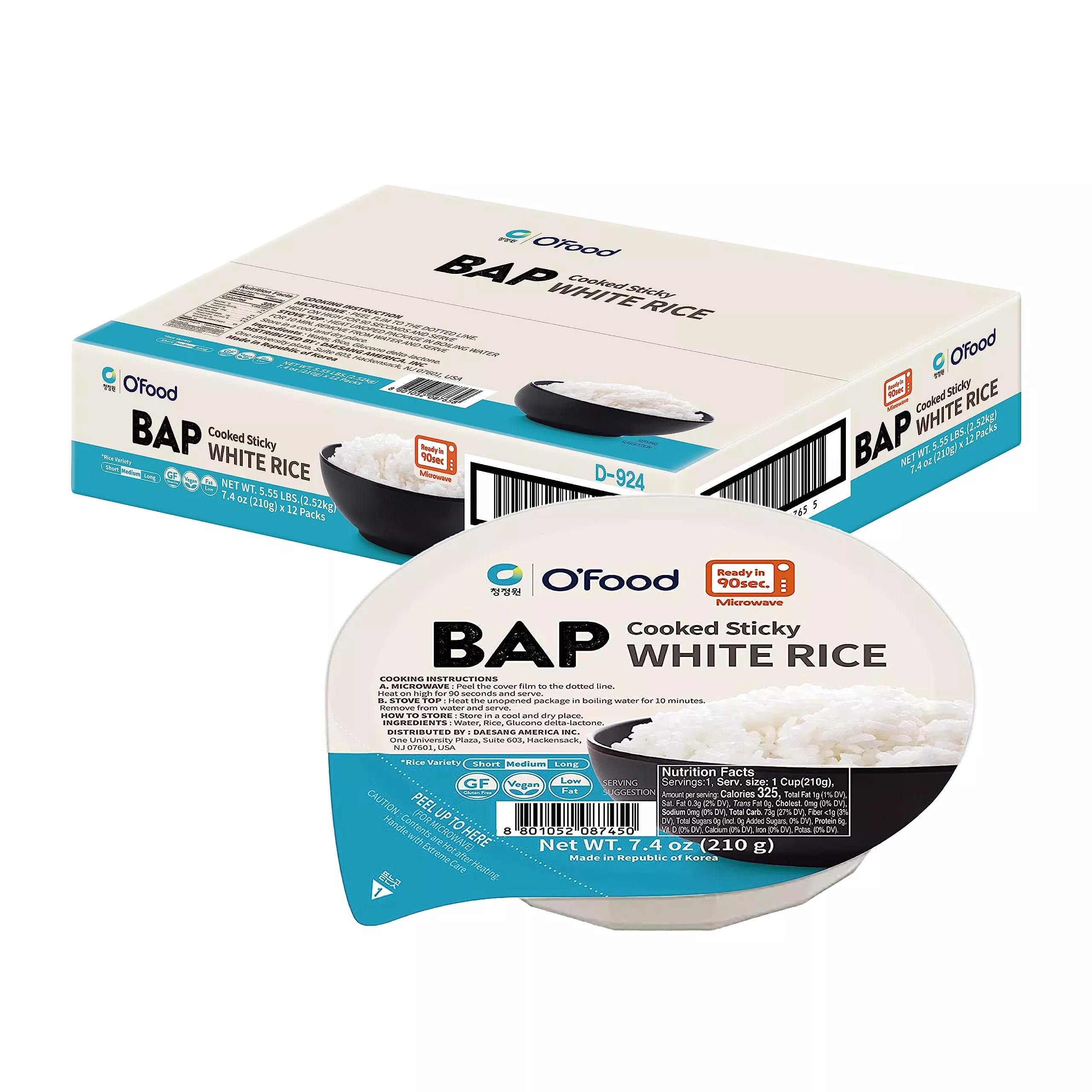 O'Food Bap Instant Rice (Pack Of 12), Korean Cooked White Rice, Microwavable, Gluten-Free Sticky Rice Bowl, Asian Rice, Pantry S