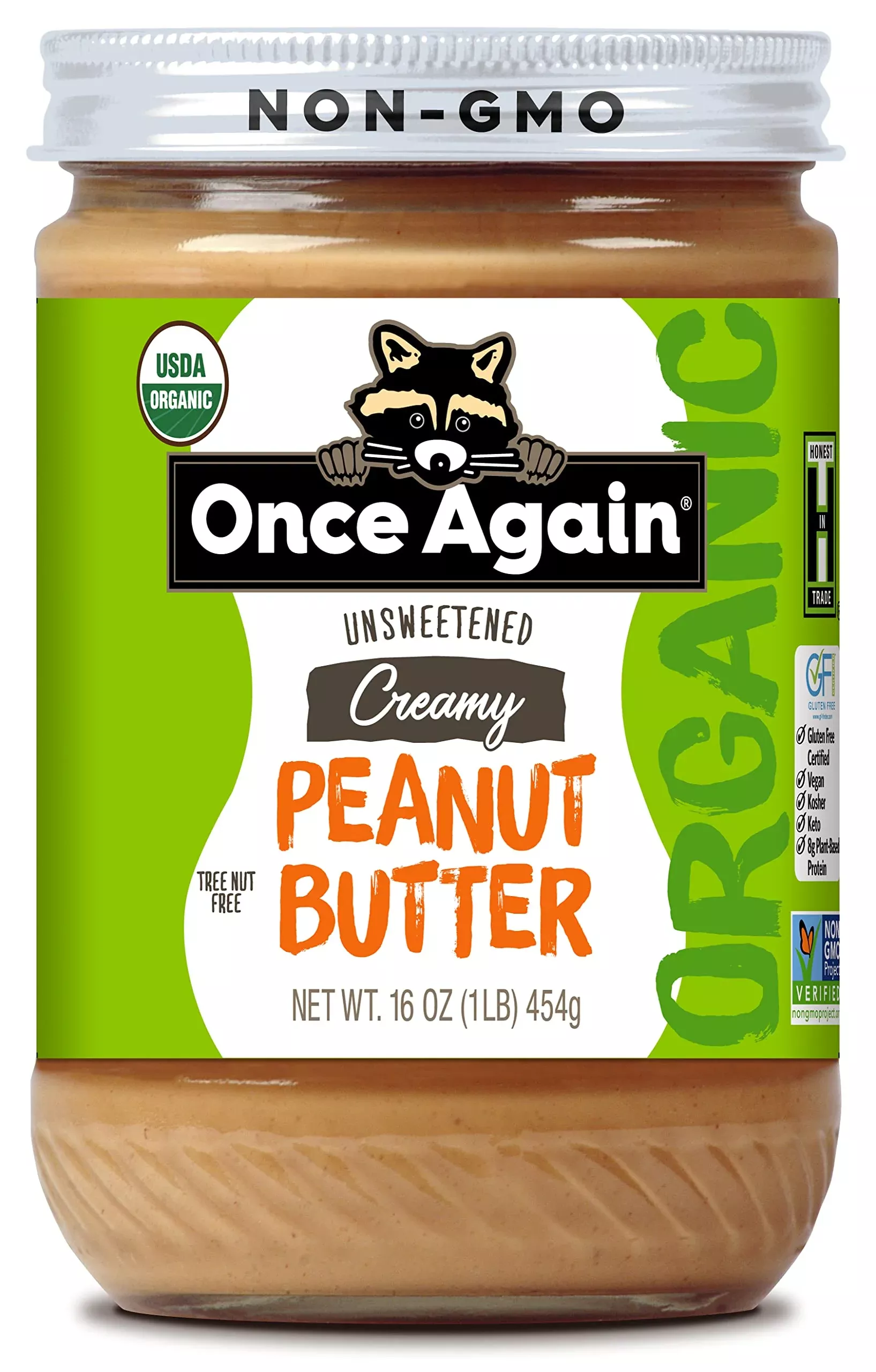 Once Again Organic Creamy Peanut Butter, 16Oz - Lightly Salted, Unsweetened - Usda Organic, Gluten Free Certified, Vegan, Kosher - Glass Jar - Case Of 12