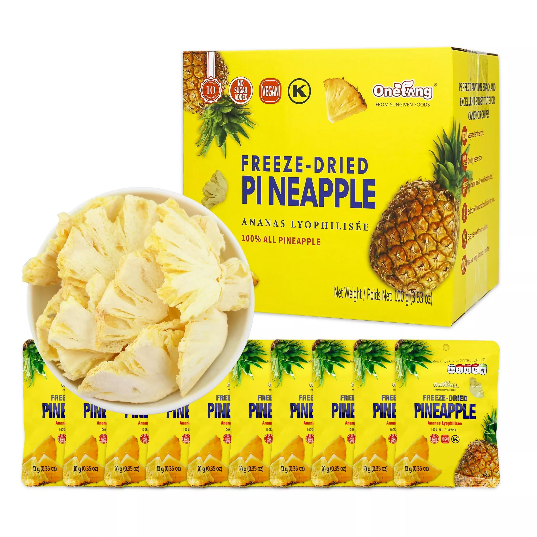 Onetang Freeze-Dried Fruit Pineapple Chips, 10 Pack Single-Serve Pack, Non Gmo, Kosher, No Add Sugar, Gluten Free, Vegan, Holiday Gifts, Healthy Snack 0.35 Ounce