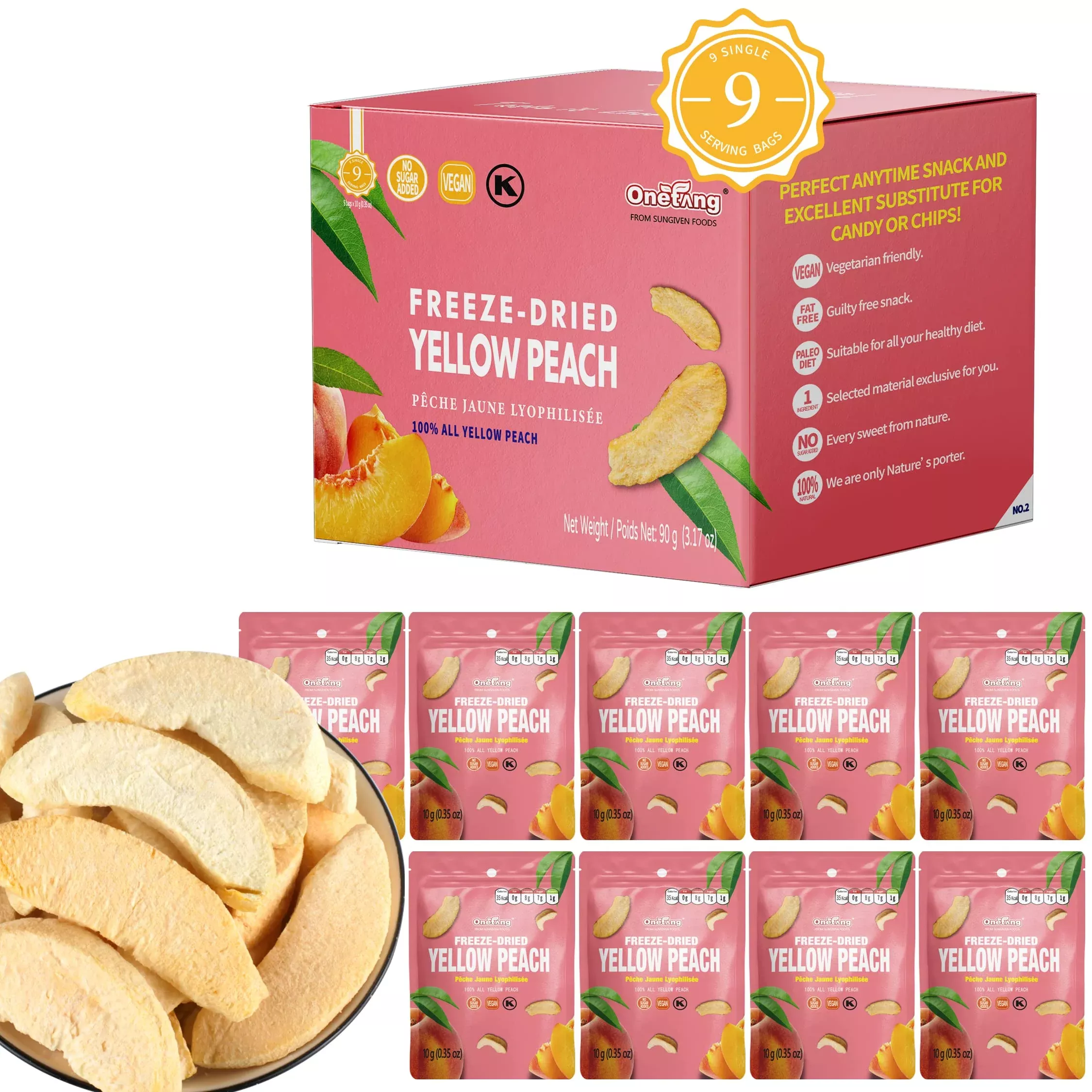 Onetang Freeze-Dried Fruit Yellow Peach Chips, 9 Pack Single-Serve Pack, Non Gmo, Kosher, No Add Sugar, Gluten Free, Vegan, Holiday Gifts, Healthy Snack 0.35 Ounce