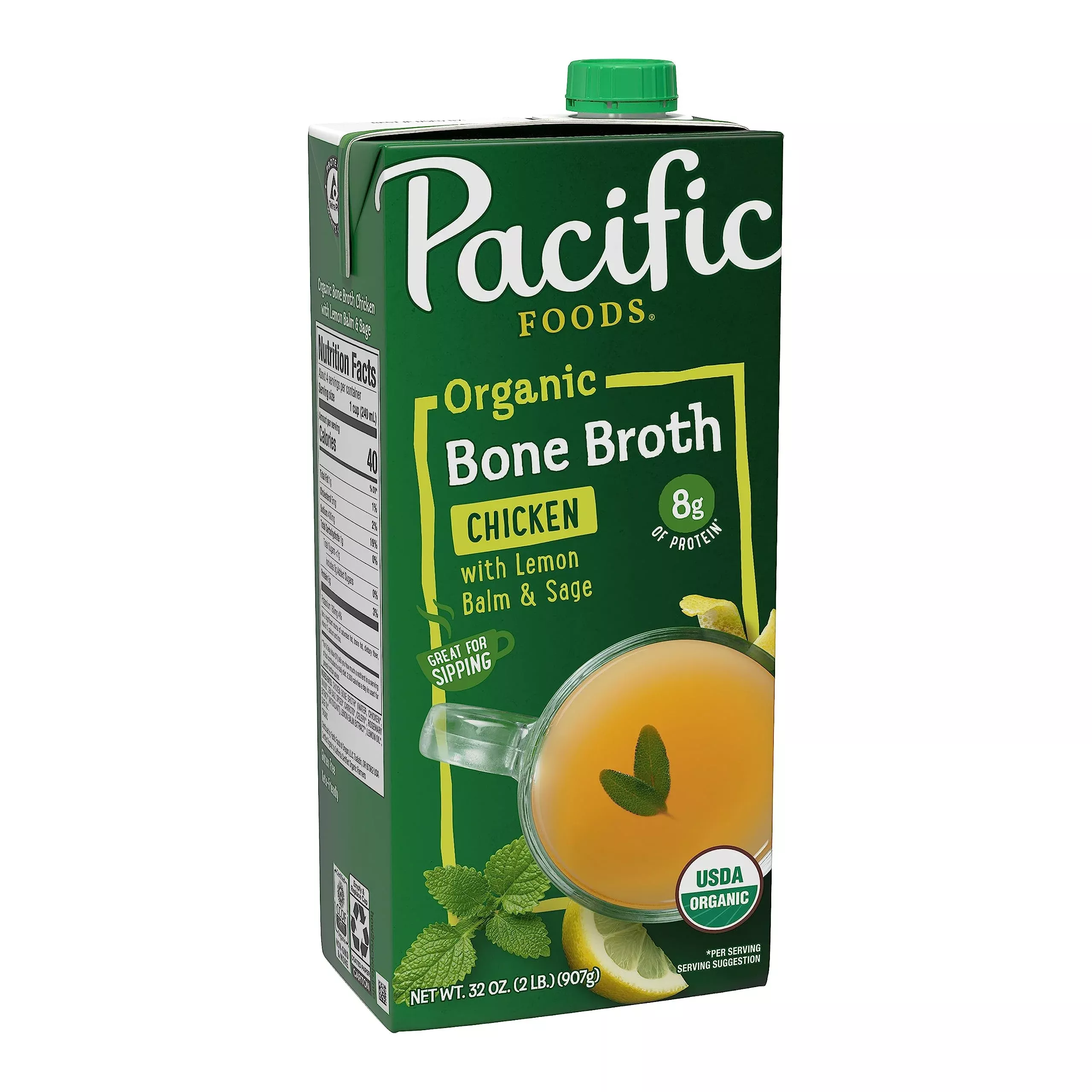 Pacific Foods Organic Chicken Bone Broth With Lemon Balm And Sage, 32 Oz Carton
