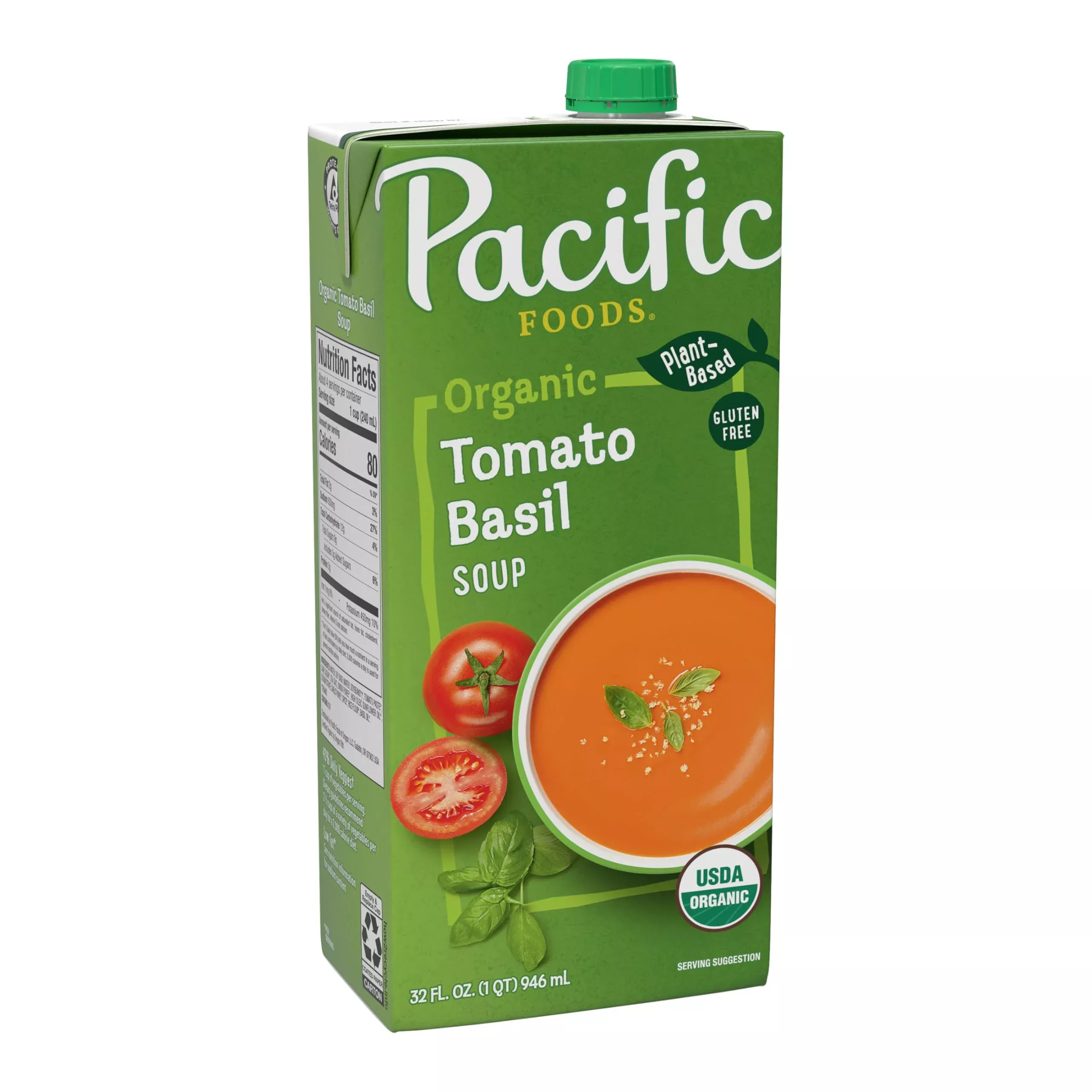 Pacific Foods Organic Tomato Basil Soup, Plant Based, 32 Oz Carton