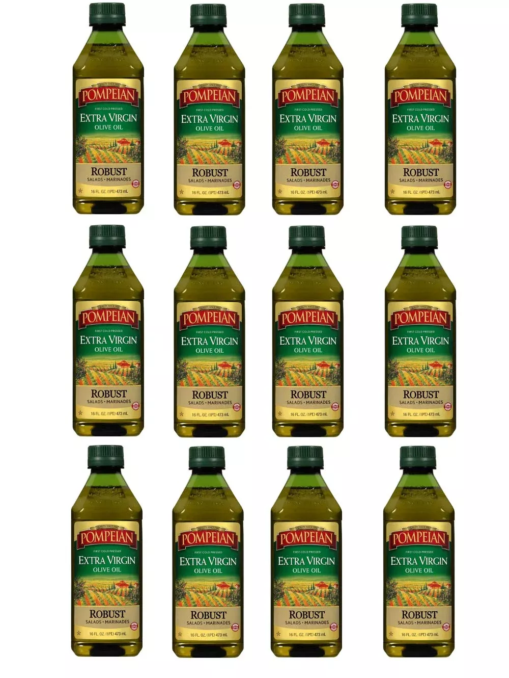 Pompeian 00008 Robust 16 Fl.Oz Extra Virgin Olive Oil, First Cold Pressed, Full-Bodied Flavor, Perfect For Salad Dressings And Marinades, Gluten Free, Non-Allergenic, Non-Gmo, Pack Of 12
