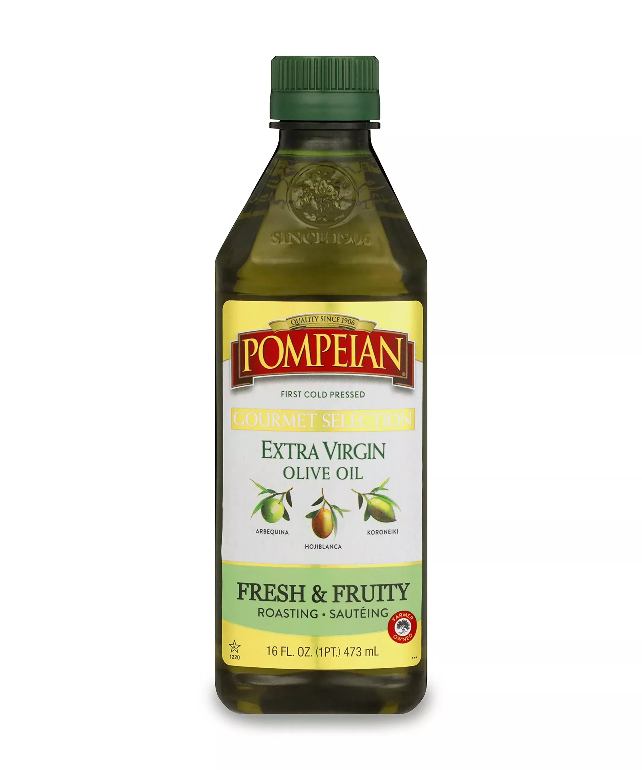 Pompeian Gourmet Selection Extra Virgin Olive Oil, First Cold Pressed, Fresh & Fruity Flavor, Perfect For Roasting & Sautéing, 16 Fl. Oz.