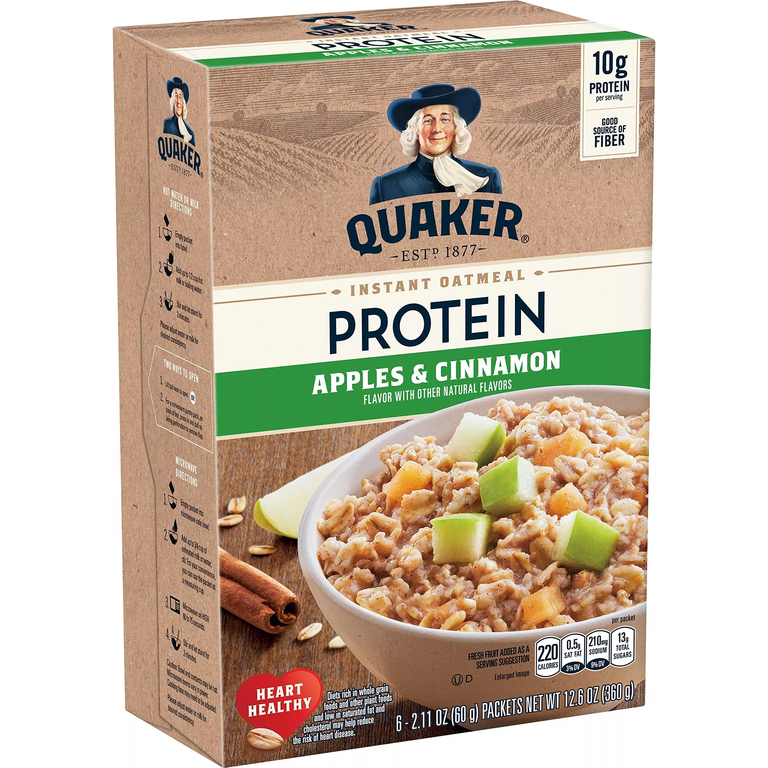 Quaker 10G Protein Instant Oatmeal, Apple Cinnamon, 2.11Oz Packets (Pack Of 36)