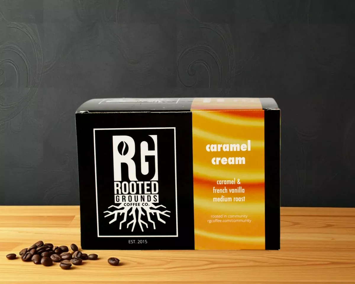 Rooted Grounds Caramel Cream K-Cup Coffee Pods 12-Count Box