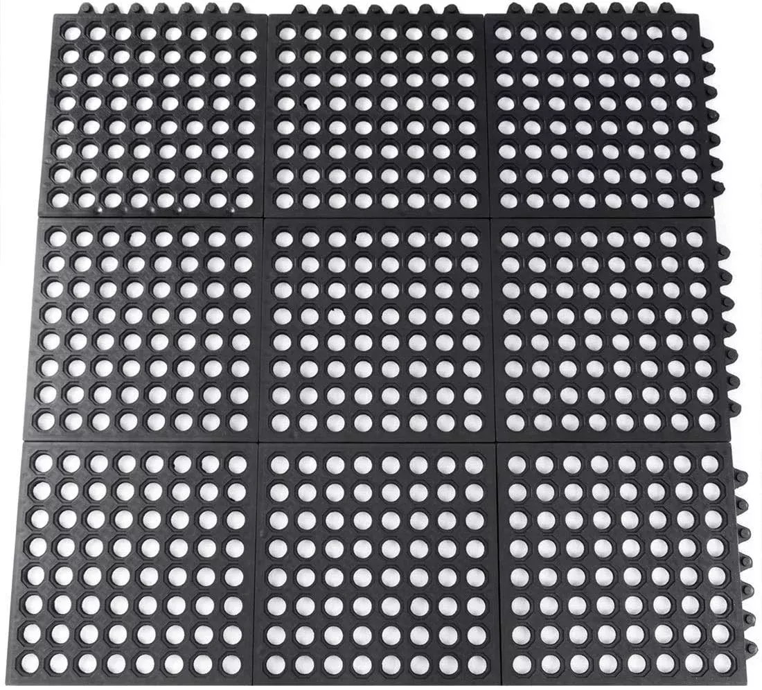 Rubber Floor Mats Anti Fatigue Kitchen Mats 9 Pack 11.8'' X 11.8'' Modular Interlocking Floor Tiles, Drain Pool Balcony Patio Ya