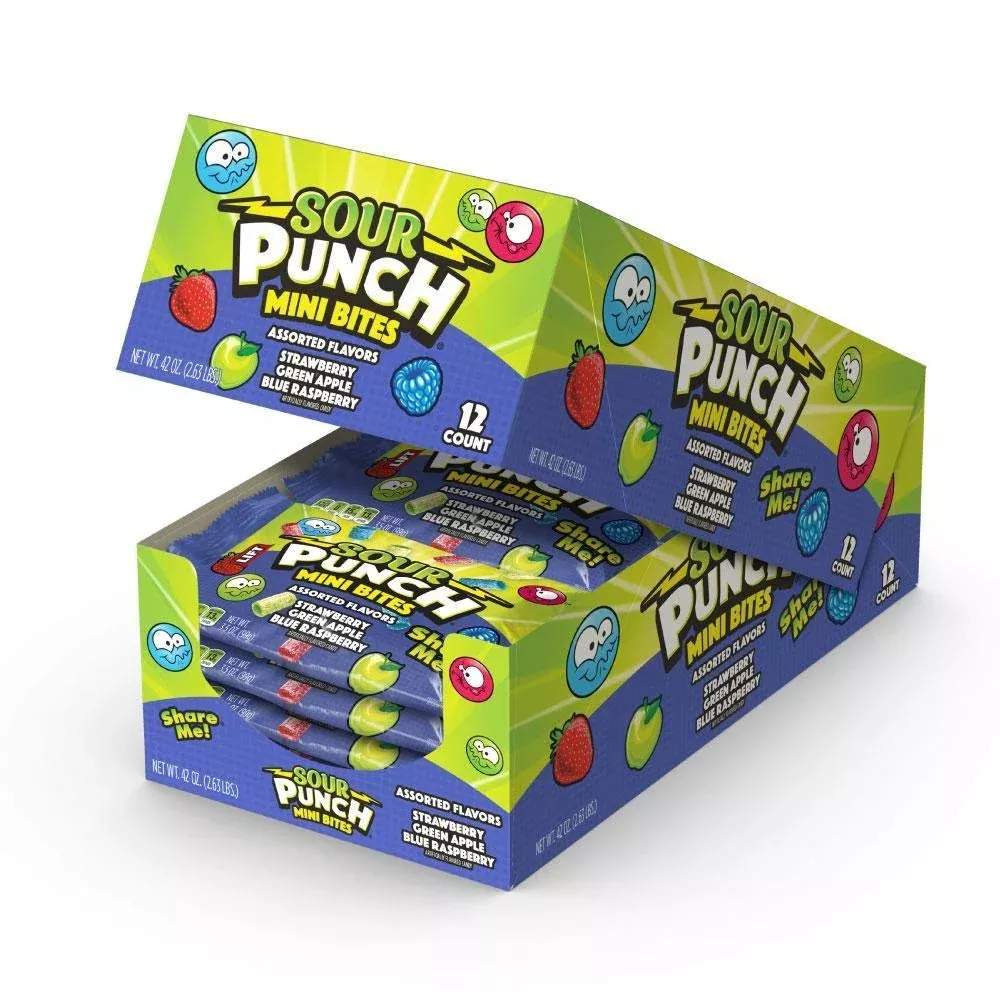 Sour Punch Mini Bites Strawberry Apple Blue Raspberry Flavored Sour Chewy Candy 3.5Oz Bag (12 Count)