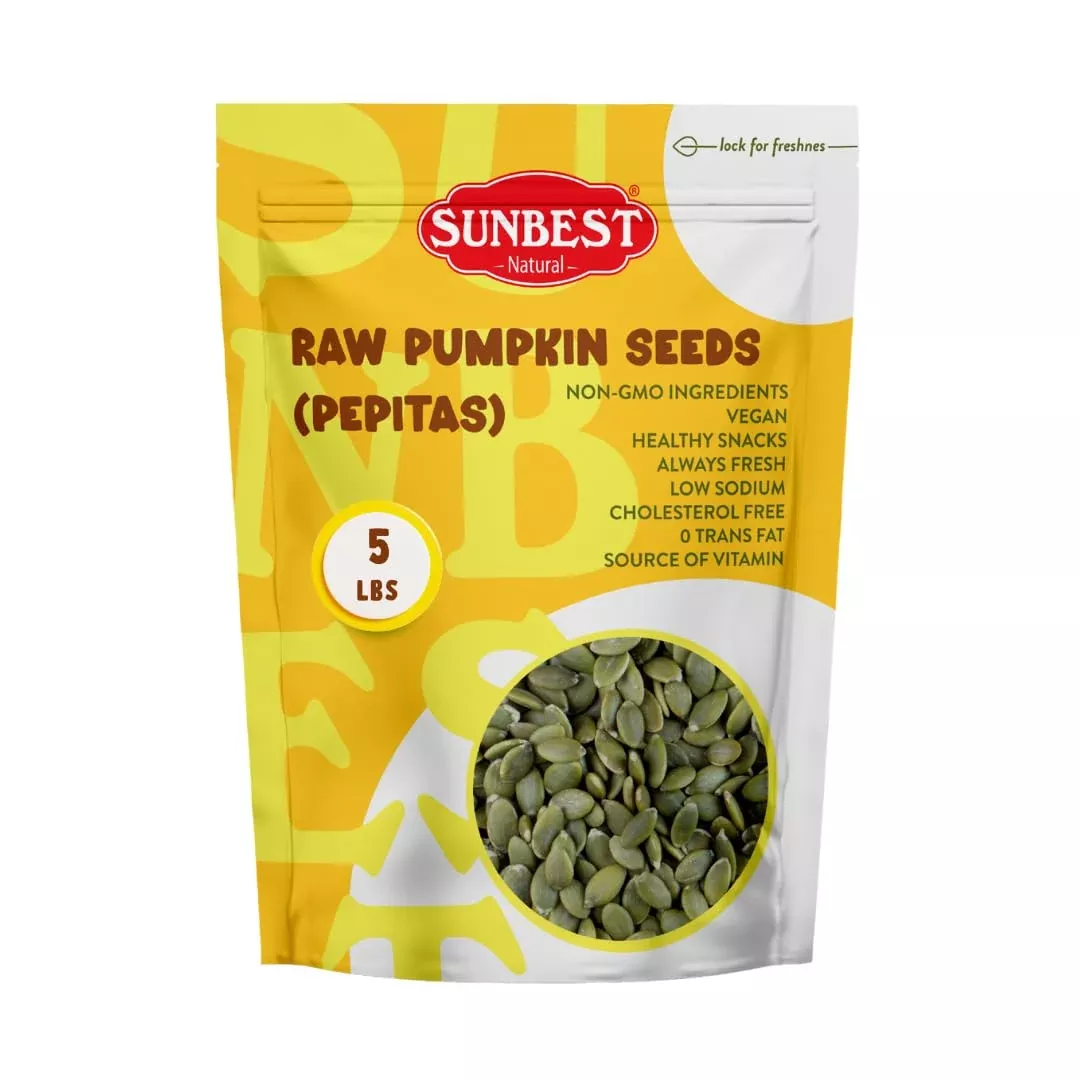 Sunbest Natural Raw Pumpkin Seeds 80 Oz (5 Lb) 1 Pack - Nutrient-Rich, Unsalted, Ready To Eat - Ideal For Snacking, Cooking & Baking - Non-Gmo, Kosher, Vegan-Friendly - Bulk Packaging