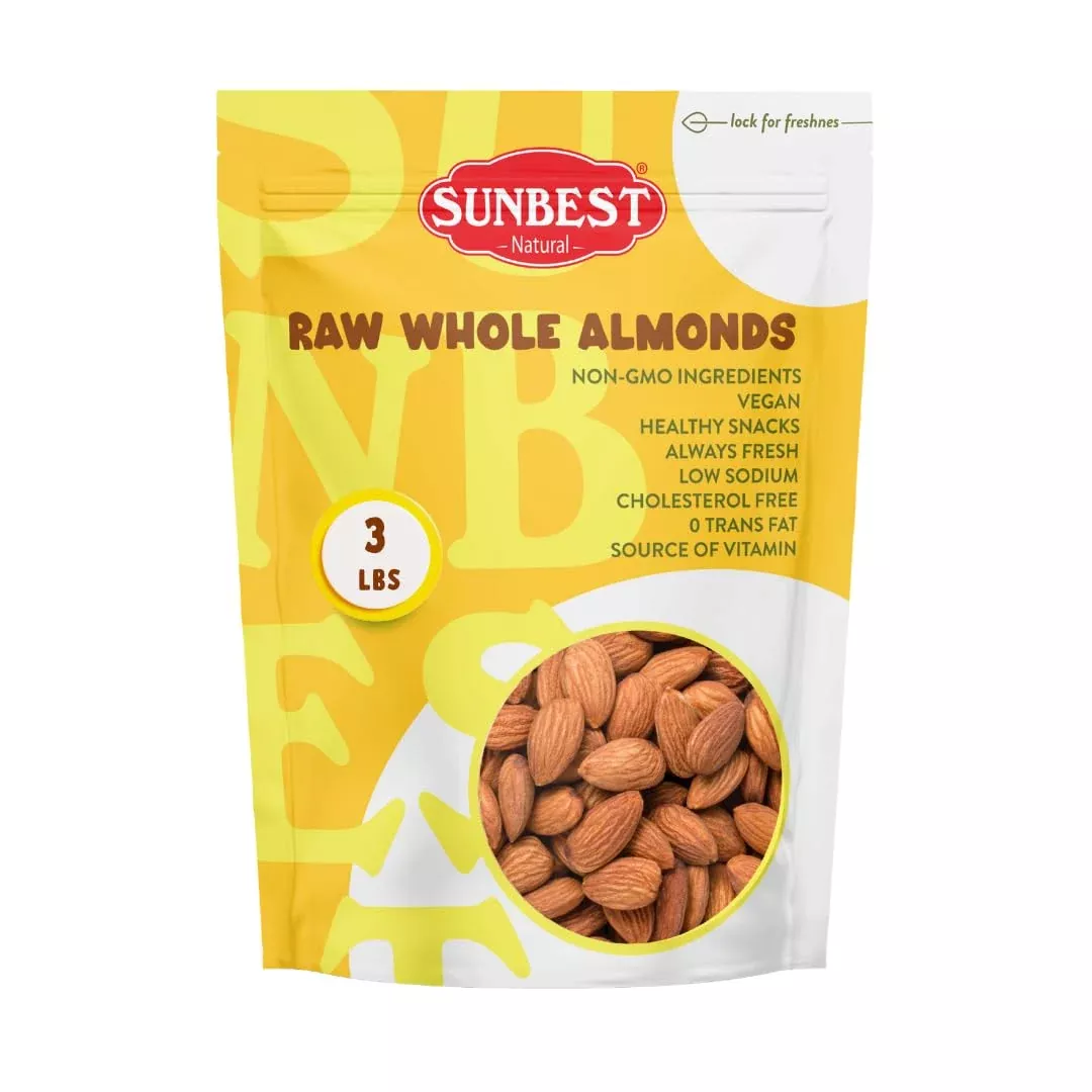 Sunbest Natural - Whole Raw Almonds, Unroasted & Unsalted Nuts For Cooking & Baking Nuts & Seeds On-The-Go, Non-Gmo & Kosher Almond Nuts Bulk In Resealable Bag, 3 Lbs