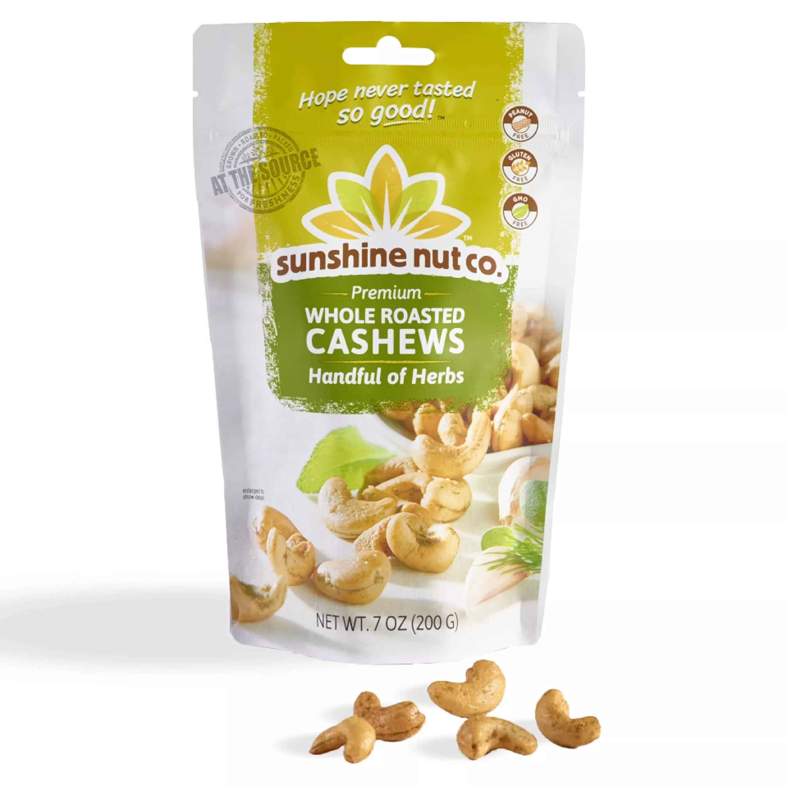 Sunshine Nut Co. Whole Roasted Lightly Salted Cashews, Handful Of Herbs Flavor, Single 7 Oz. Bag, Gluten Free, Peanut Free And Vegan Individual Snack Packs For Kids And Adults, Gmo Free