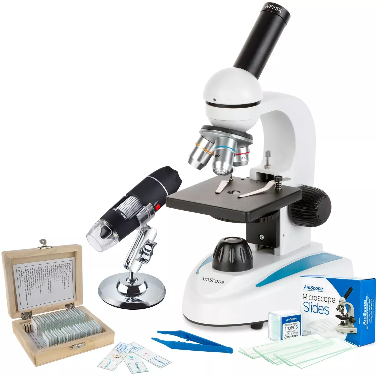 Super Savings - 40X-1000X Portable Led Monocular Student Microscope With 25-Piece Prepared Slides Set And Tweezers Plus Bonus Ha