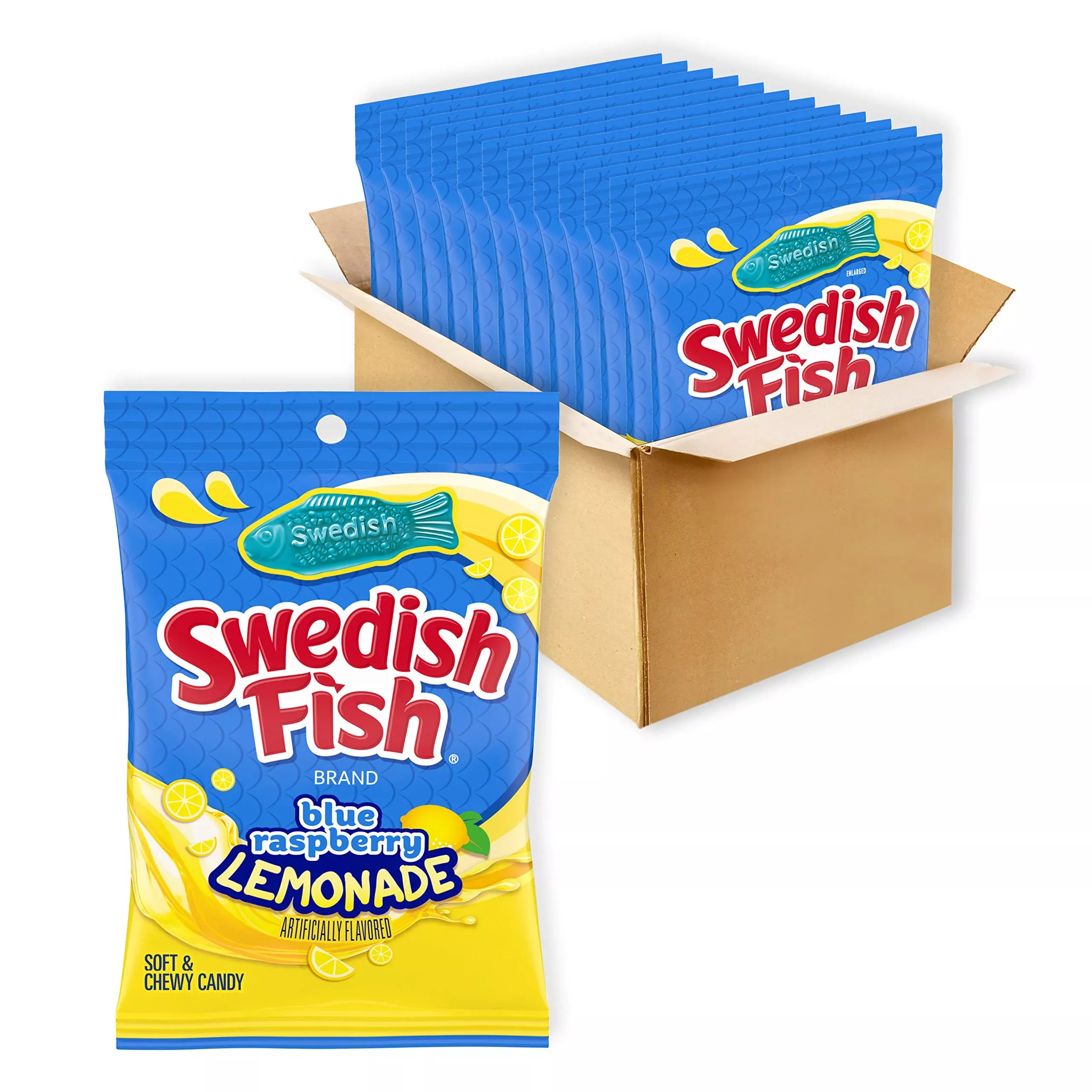Swedish Fish Blue Raspberry Lemonade Soft & Chewy Candy, Bulk Candy, 12-8.04 Oz Bags