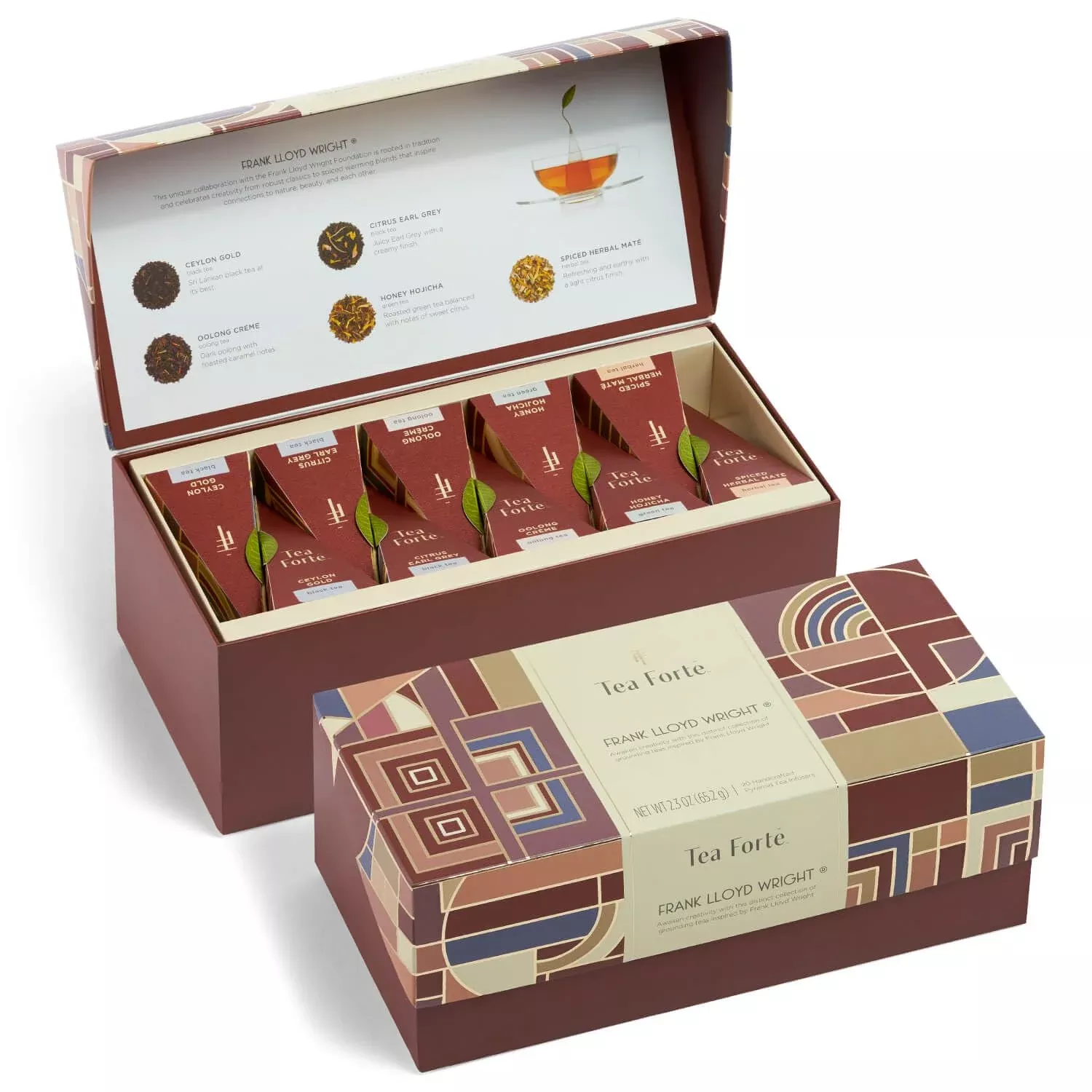 Tea Forte Frank Lloyd Wright Presentation Box Tea Sampler Gift Set, 20 Assorted Variety Handcrafted Pyramid Tea Infuser Bags