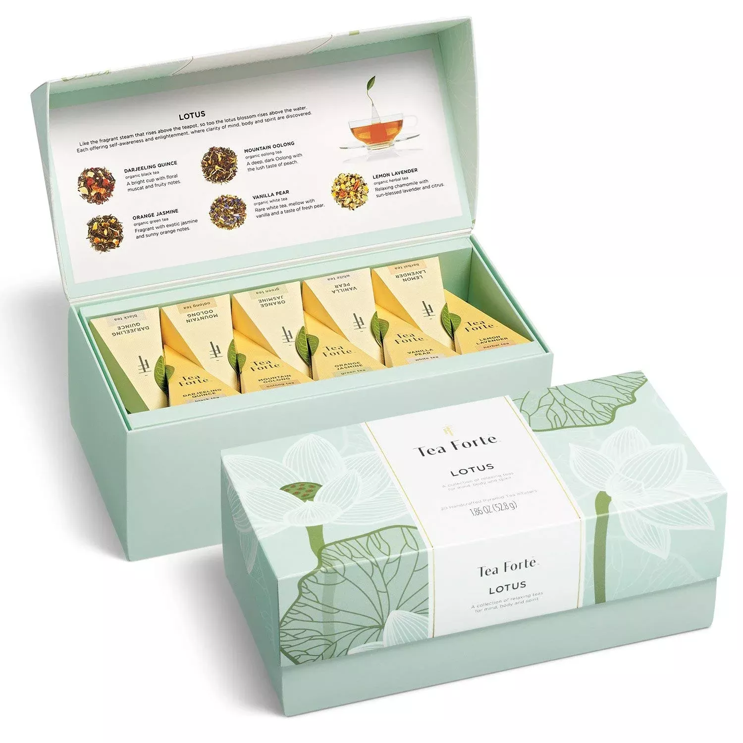 Tea Forte Lotus Relaxing Tea, Presentation Box Sampler Gift Set, Assorted Variety Handcrafted Pyramid Infuser Bags, Black, Green, Oolong, White, Herbal, 20 Count (Pack Of 1)