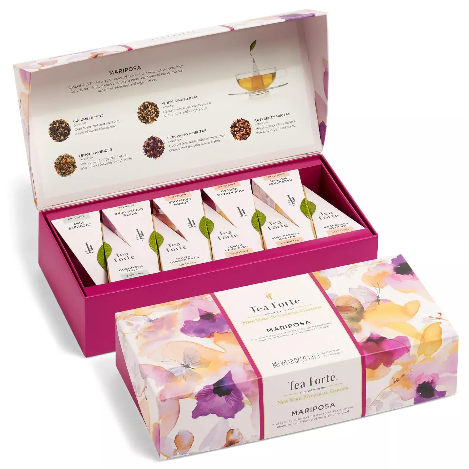 Tea Forte Mariposa Tea Sampler With 10 Pyramid Tea Infuser Bags - Fruit, Herb And Flower Tea - Petite Presentation Box Assorted Variety Tea Gift Set