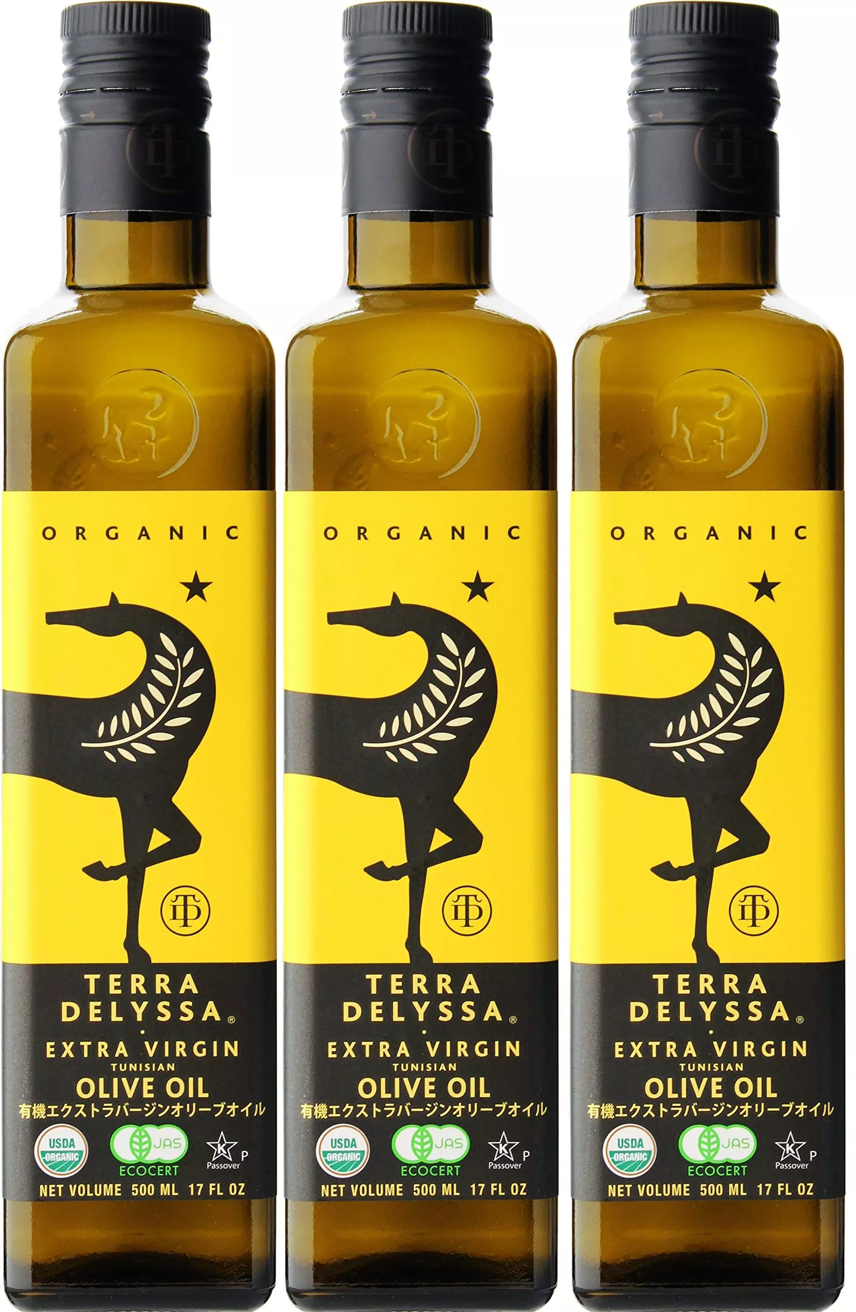 Terra Delyssa First Cold Pressed Organic Extra Virgin Olive Oil, Single Sourced, 500 Ml (17 Fl. Oz) Dark Glass Bottle - 3 Pack,