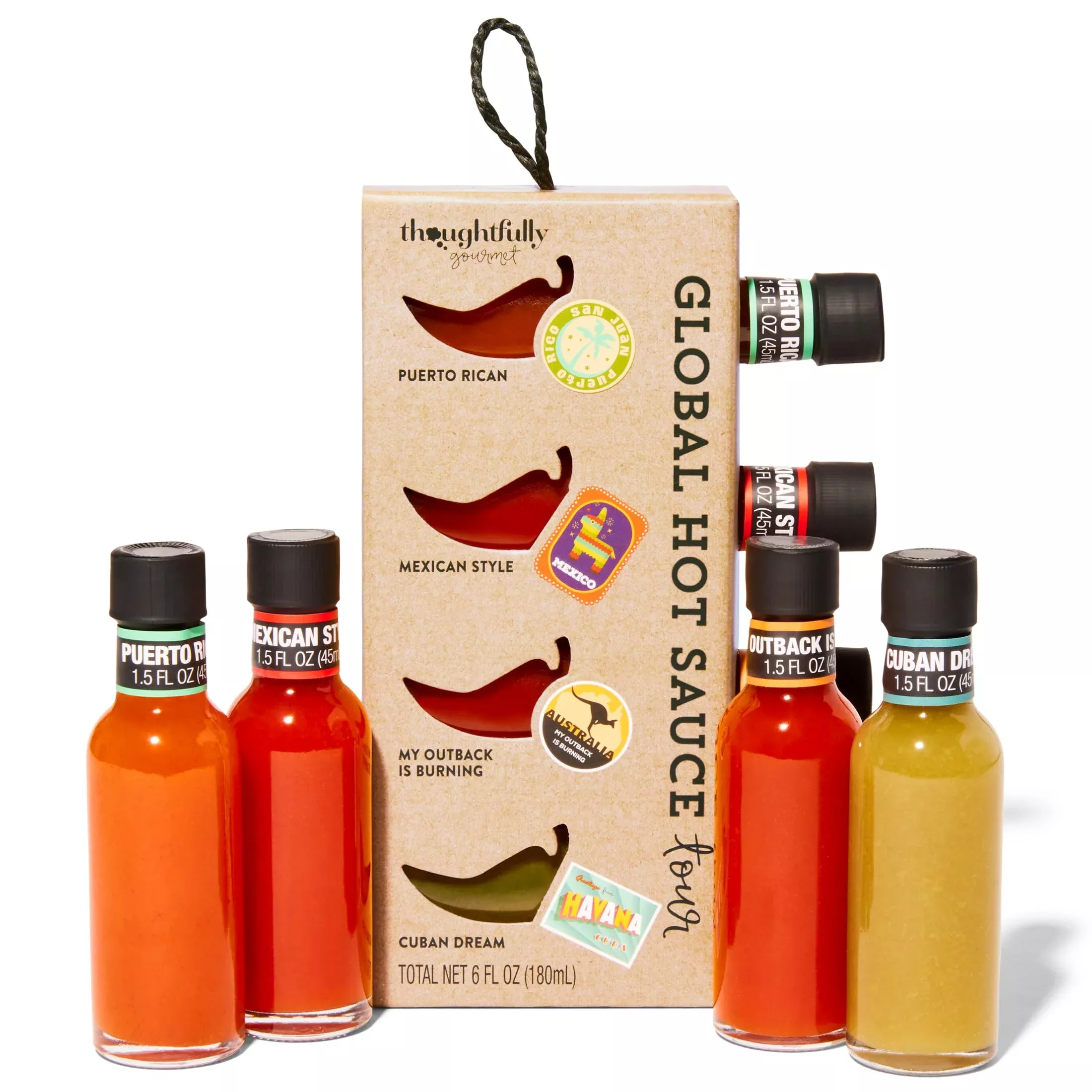 Thoughtfully Gourmet, Global Hot Sauce Gift Set, Internationally Inspired Flavors Include Puerto Rican Mango Habanero, Mexican Style Hot Sauce & More, Set Of 4