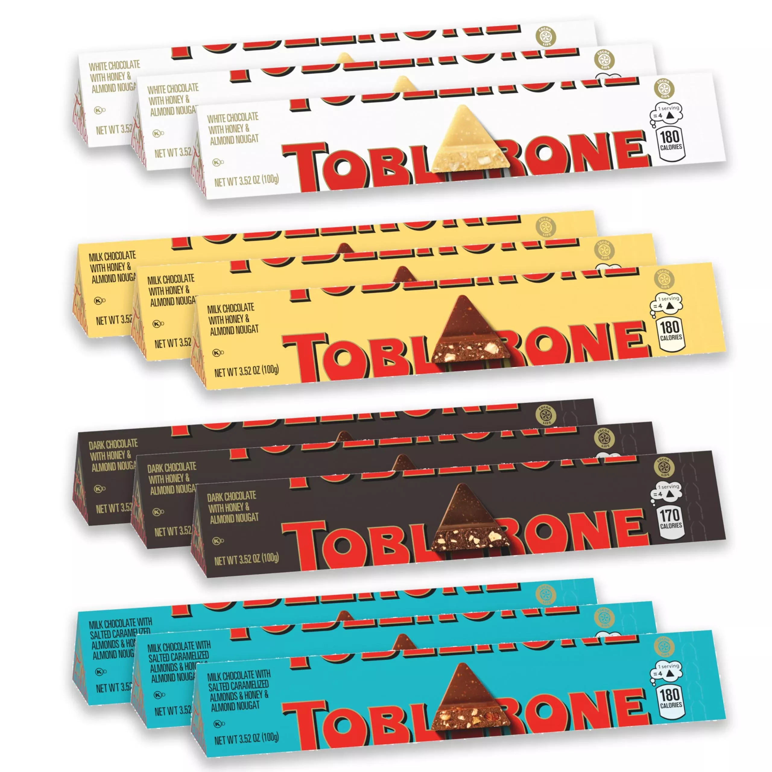 Toblerone Chocolate Variety Pack (Milk Chocolate, Dark Chocolate, White Chocolate, & Milk Chocolate With Salted Caramelized Almonds), Easter Chocolate, 12 - 3.52 Oz Bars