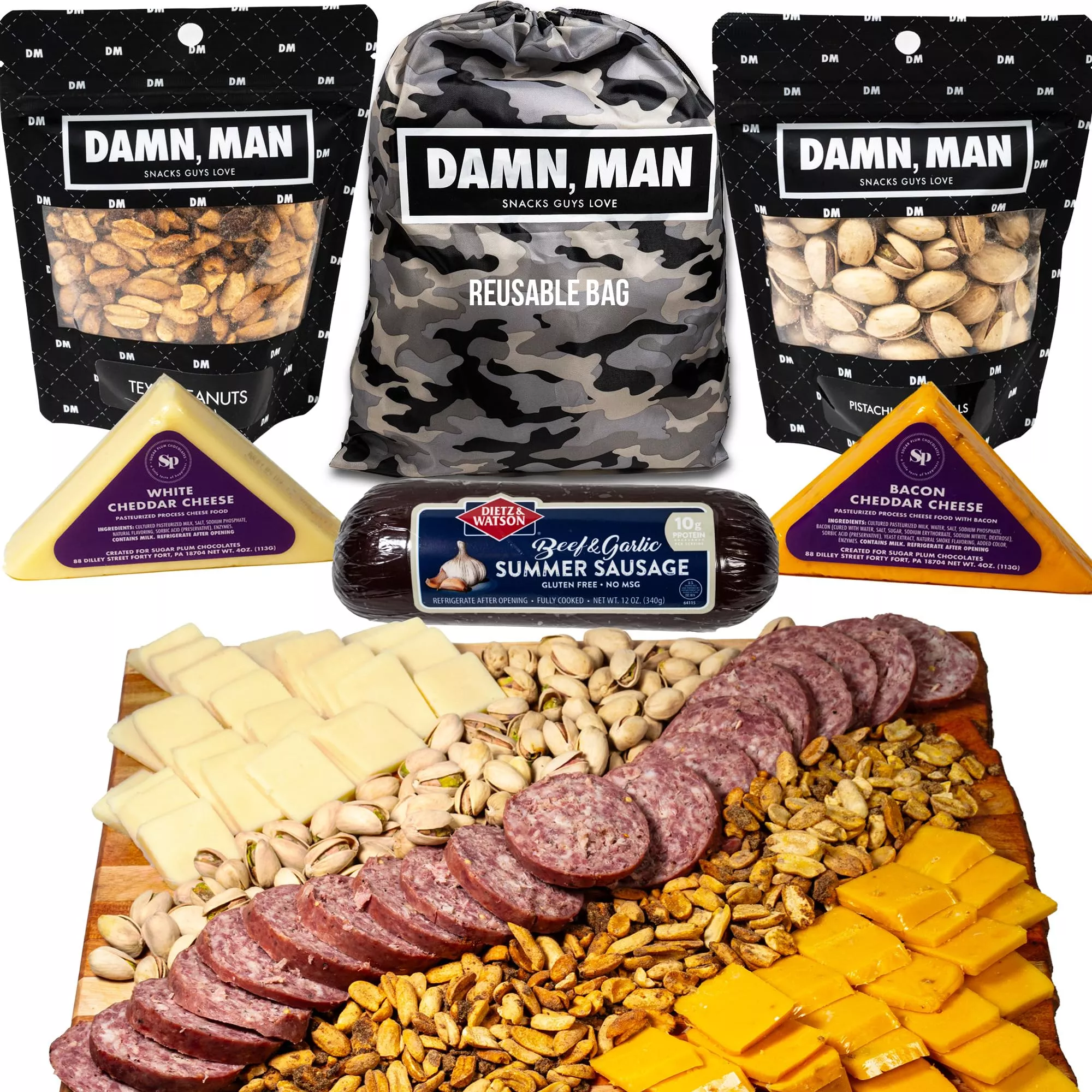 Variety Food Gift Basket For Men - Over 1 1/2 Lbs Of Cheese, Sausage, Nuts In Unique Camo Bag, Unique Birthday Gift For Men, Car