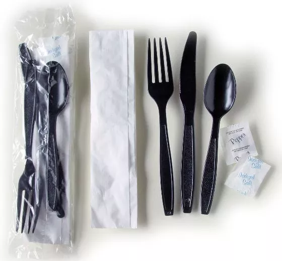 Walco Black Cutlery Kit with Fork, Knife, Spoon, Napkin, Salt & Pepper - 250ct