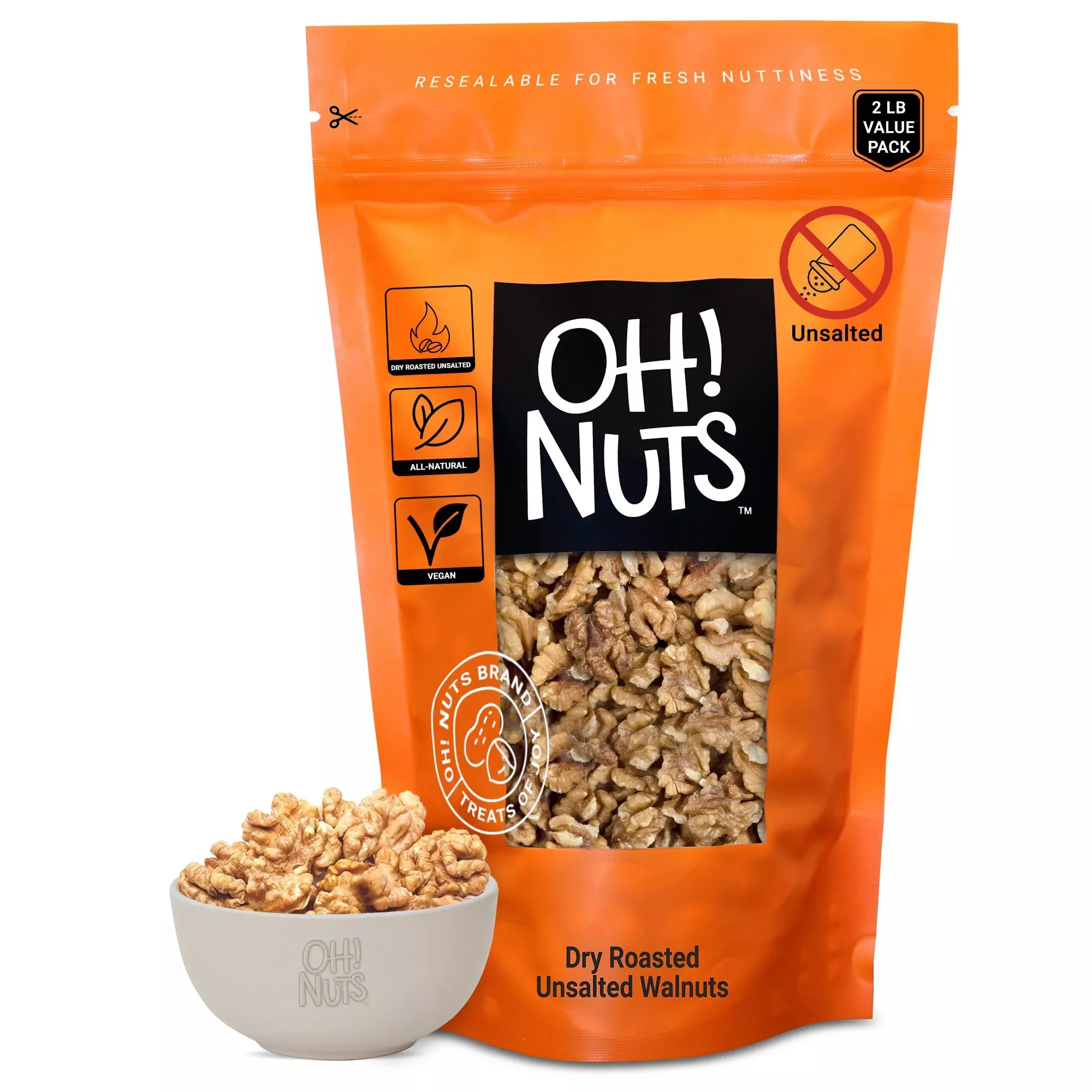 Walnuts | Dry Roasted Unsalted | 2 Lb | Packed In New York Zip-Seal Bag For Exceptional Freshness By Oh Nuts