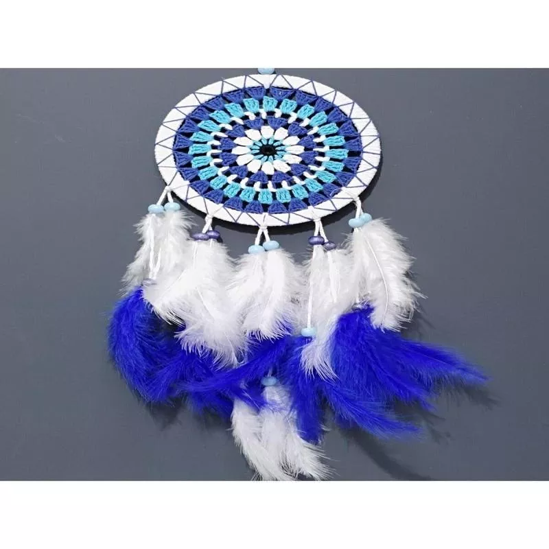 White Color Dream Catcher Handmade Nazar Beaded Pattern and Bird Feathers Wall Ornament