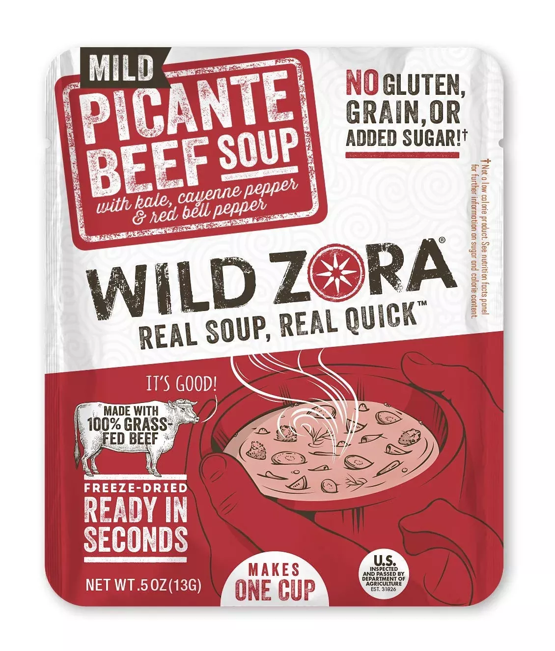 Wild Zora Instant Keto-Friendly Soups Picante Beef 8-Pack Broth Made With 100% Grass-Fed Beef, And Vegetables, Gluten-Free, Grai