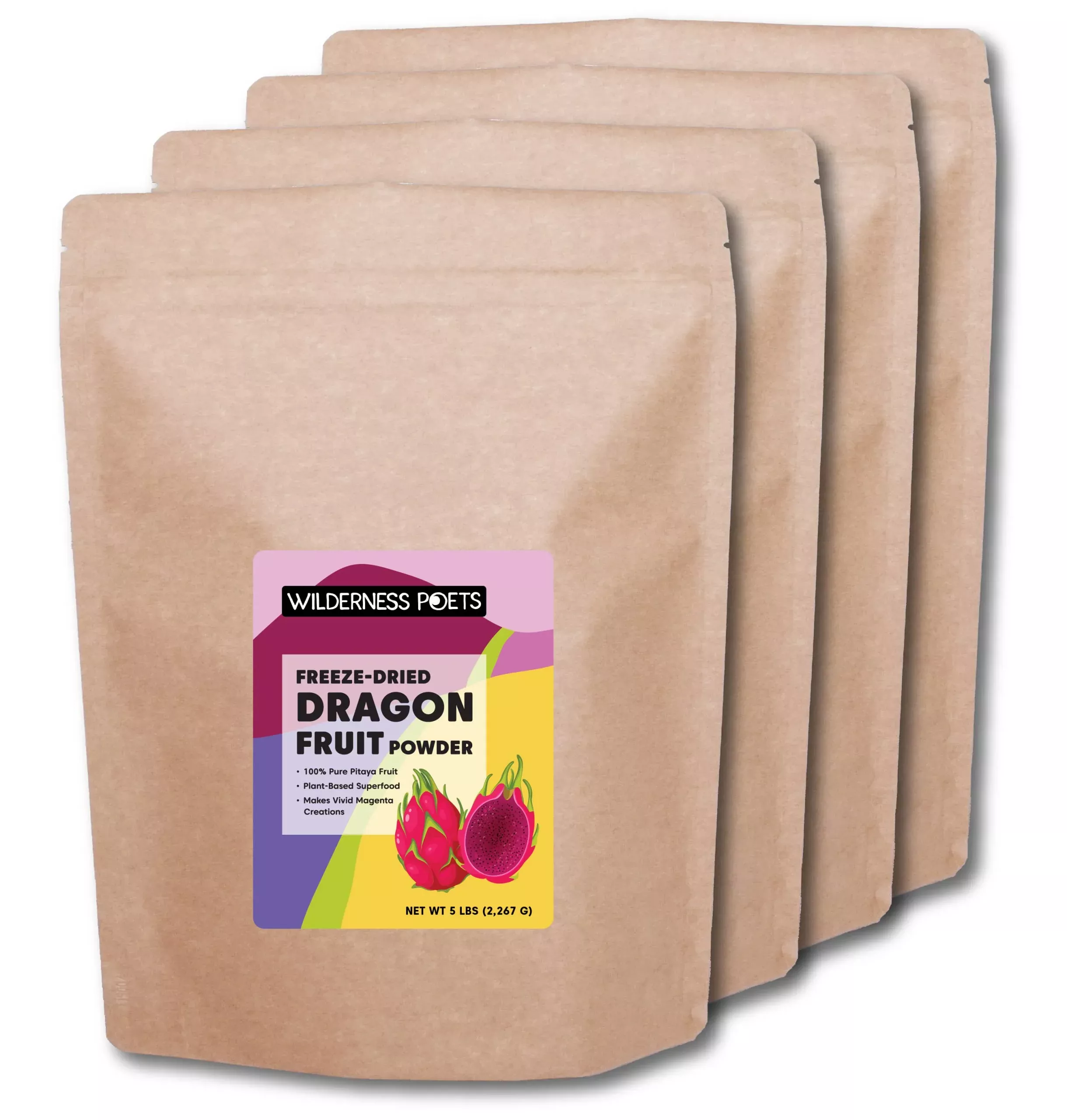 Wilderness Poets, Freeze Dried Dragon Fruit Powder - Pink Pitahaya, Pitaya - 5 Pound (Pack Of 4) - Antioxidant Superfood
