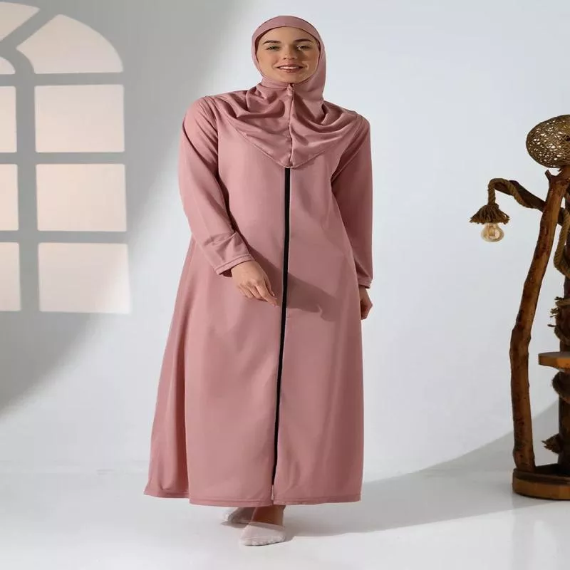 Women 's Zippered One-Piece Self-Covered Pink Prayer Dress