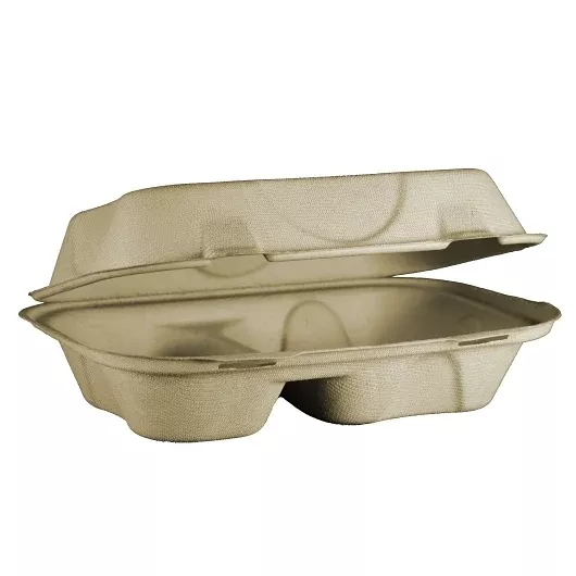 World Centric Clamshell, 2-Compt - Unbleached Plant Fiber, 50 Each, 10 Per Case
