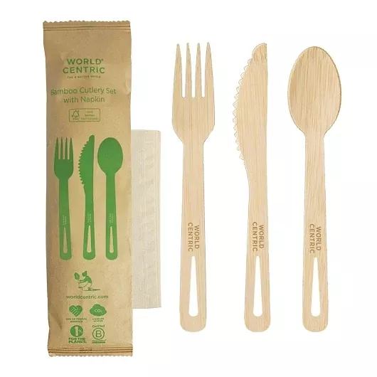 World Centric Compostable Bamboo Set (knife, Fork, Spoon, Napkin), 250 Each - 1 Per Case