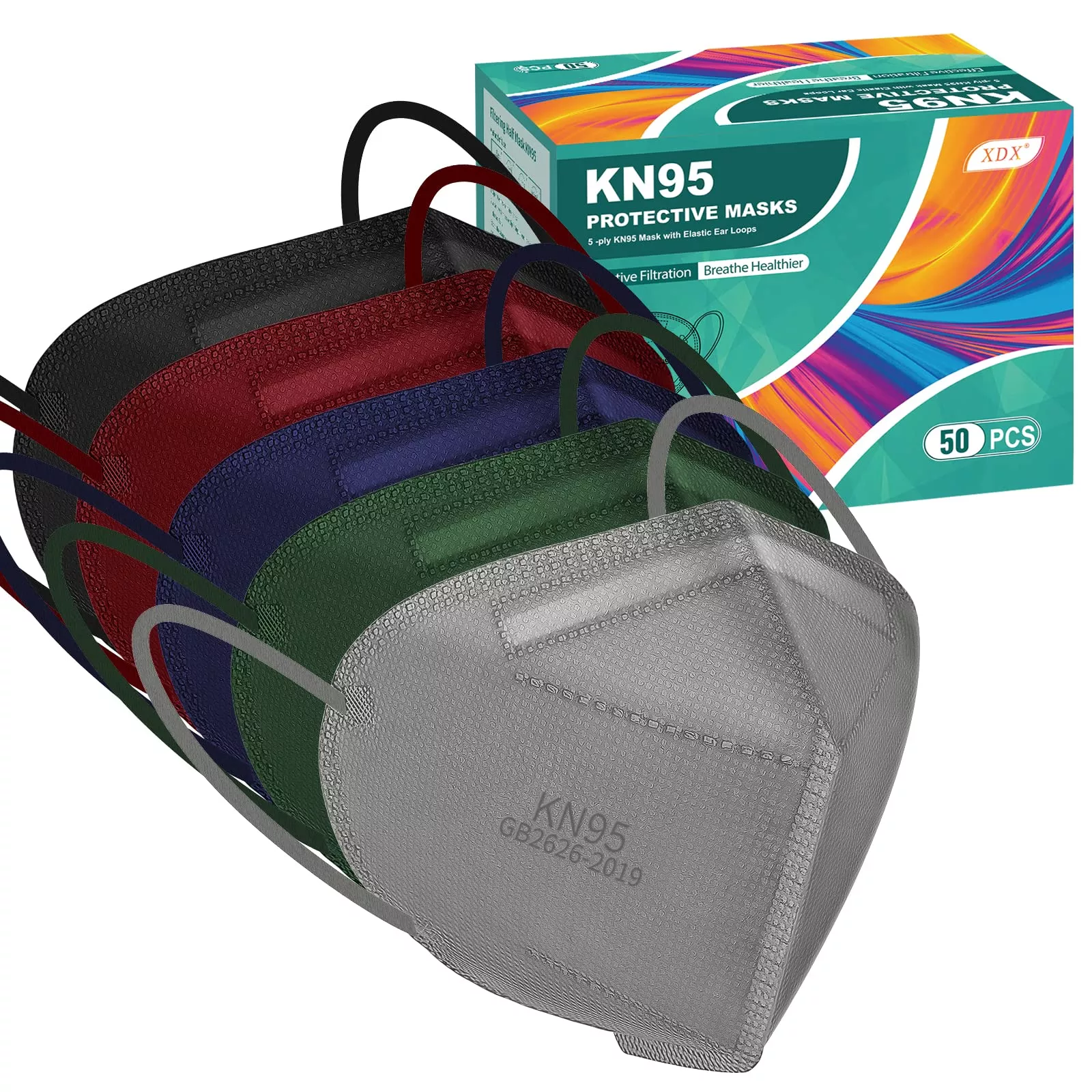 Xdx Kn95 Face Masks, 50 Pack Individually Wrapped Multicolor Face Masks For Men And Women, 5 Layers Breathable Masks Disposable,