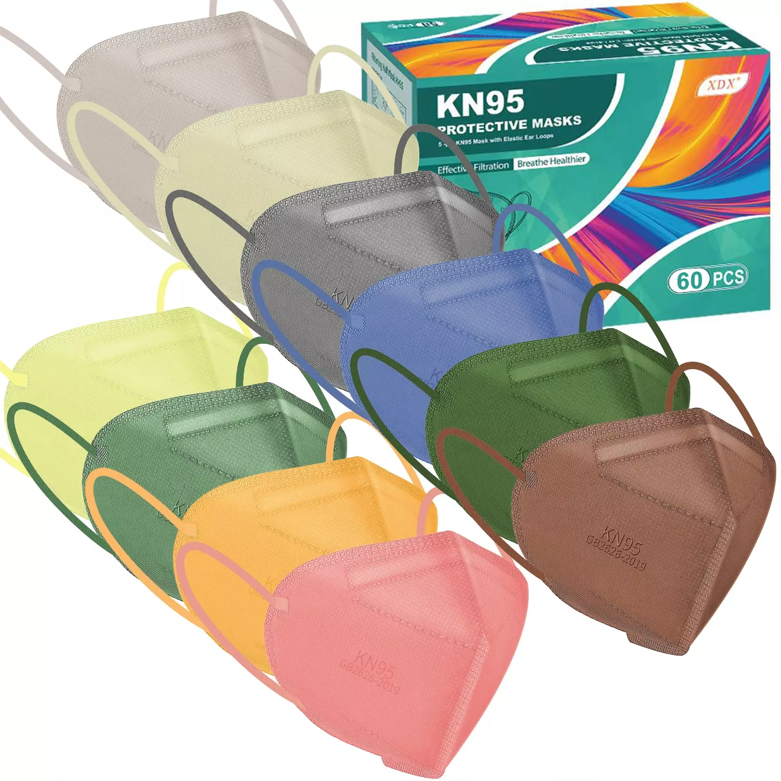 XDX KN95 Face Masks, 60 Individually Wrapped Pink Masks, 5-Layer Dusty
