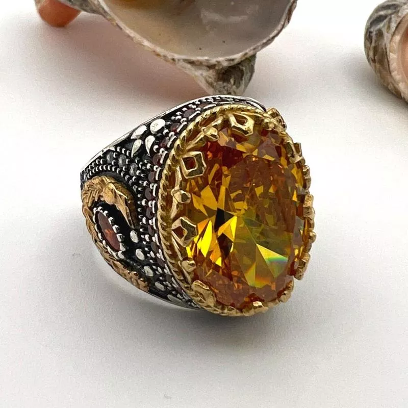 Yellow Citrine Stone Men 's Ring