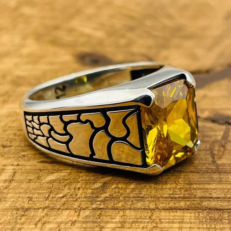 Yellow Citrine Stone Men 's Silver Ring