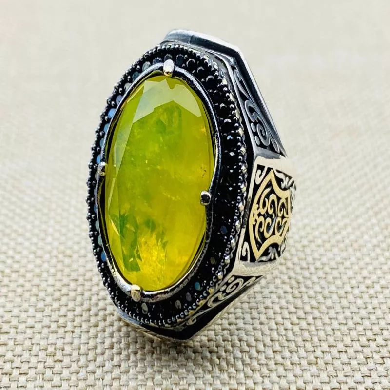 Yellow Tourmaline Men 's Silver Ring