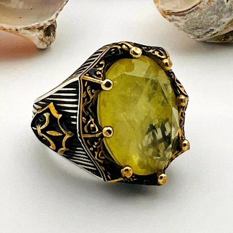 Yellow Tourmaline Oval Stone Men 's Ring