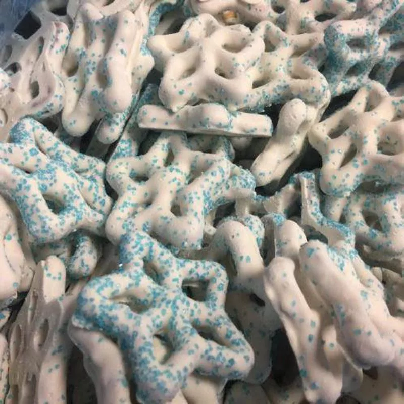 Yogurt Snowflake Pretzels with Blue Sugar