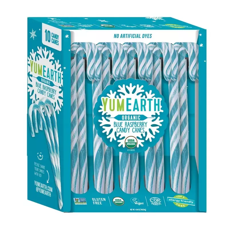 YumEarth Organic Christmas Blue Raspberry Candy Canes: 10-Piece Box