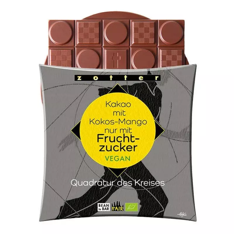 zotter – sugar-free dark chocolate – squaring the circle with coconut & mango